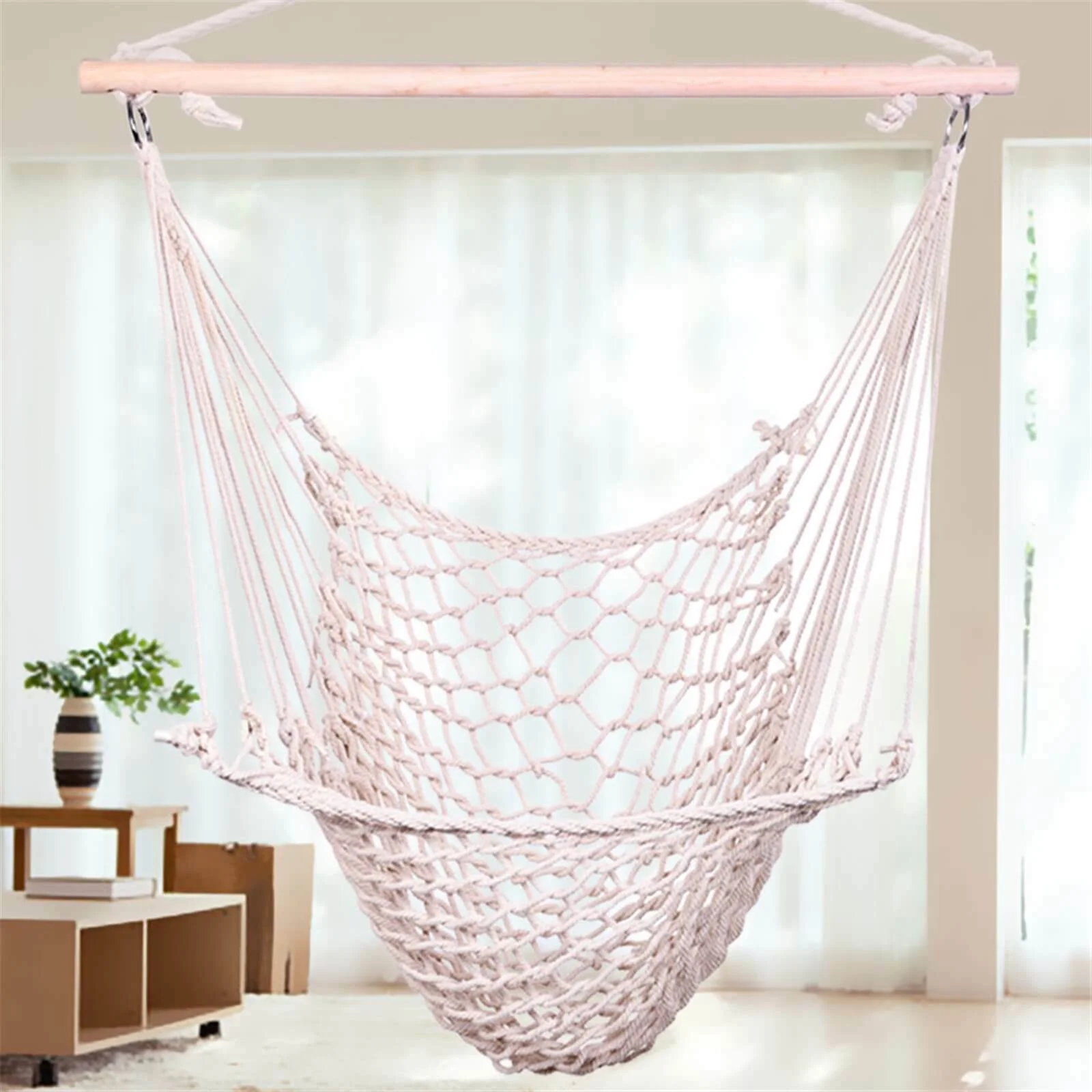 Hammock Net Chair Cotton Rope Cradle Chair with Wood Stretcher for Yard, Bedroom, Porch, Beach, Indoor, Outdoor Capable of 250lbs