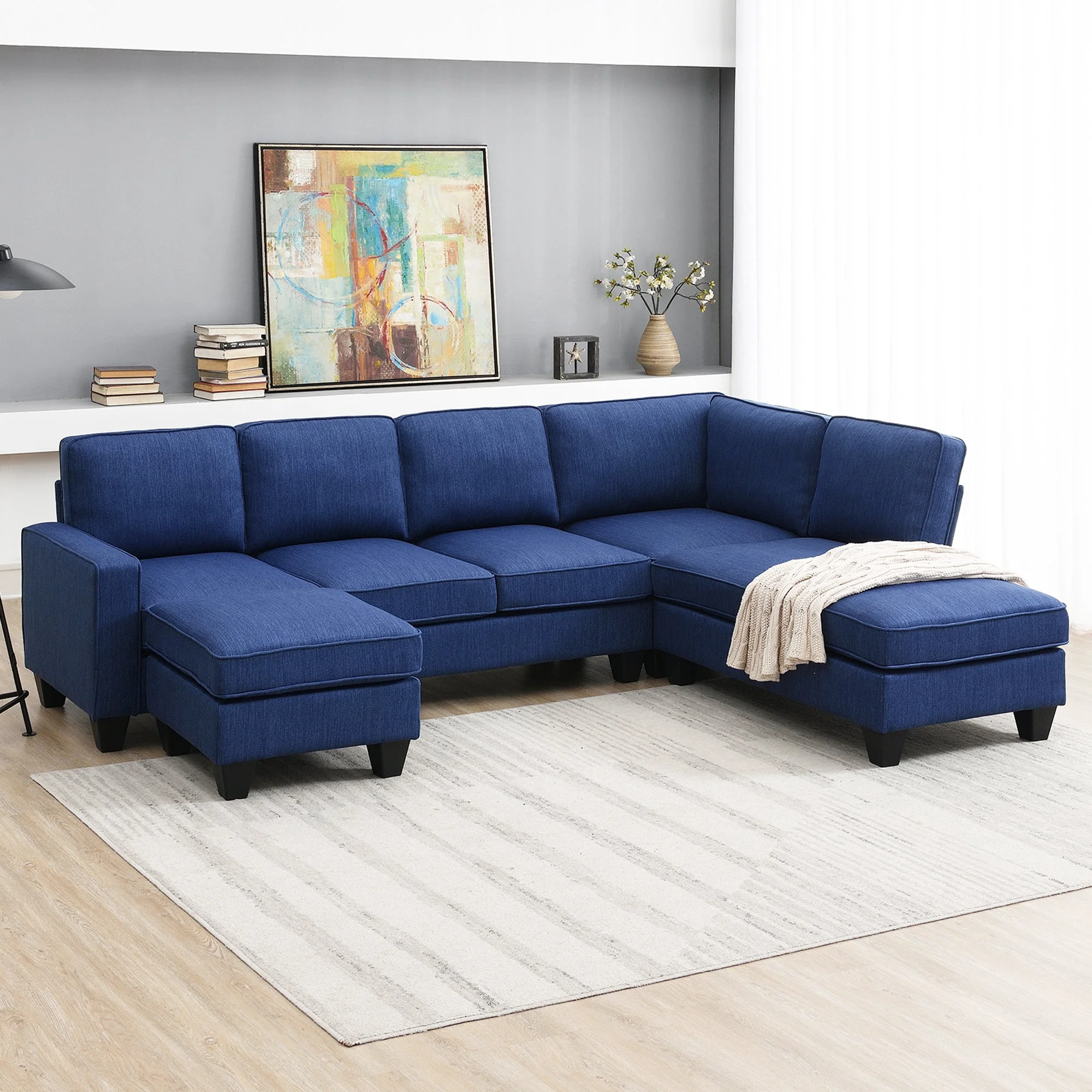 Vortex 7-seat Linen Fabric L-shaped Sectional Sofa - Blue