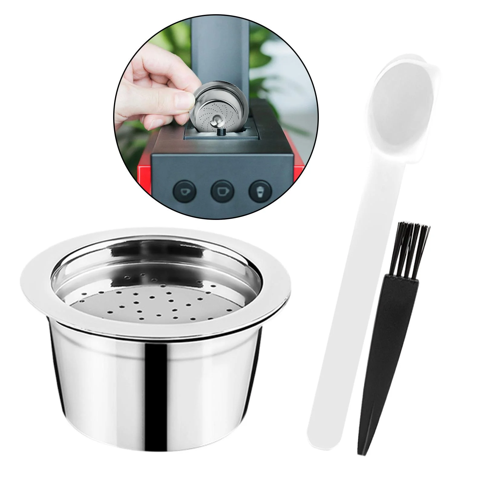 2x Reusable Refillable Coffee , Stainless Steel Metal Refillable Coffee for ALDI Machine with 1 Spoon Brush Set , 3Pcs Set