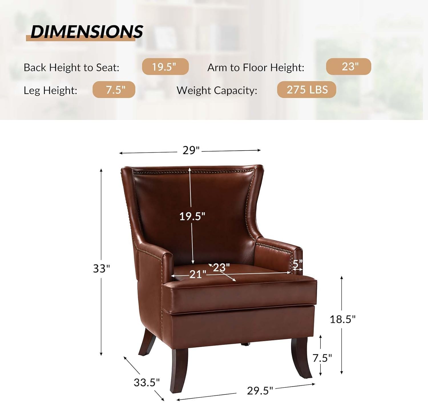 Modern Faux Leather Accent Chairs Set Of 2 With Nailhead Trim, Wingback Armchairs For Living Room Bedroom, Upholstered PU Leather Sofa Chairs With Tapered Wooden Legs, Brown