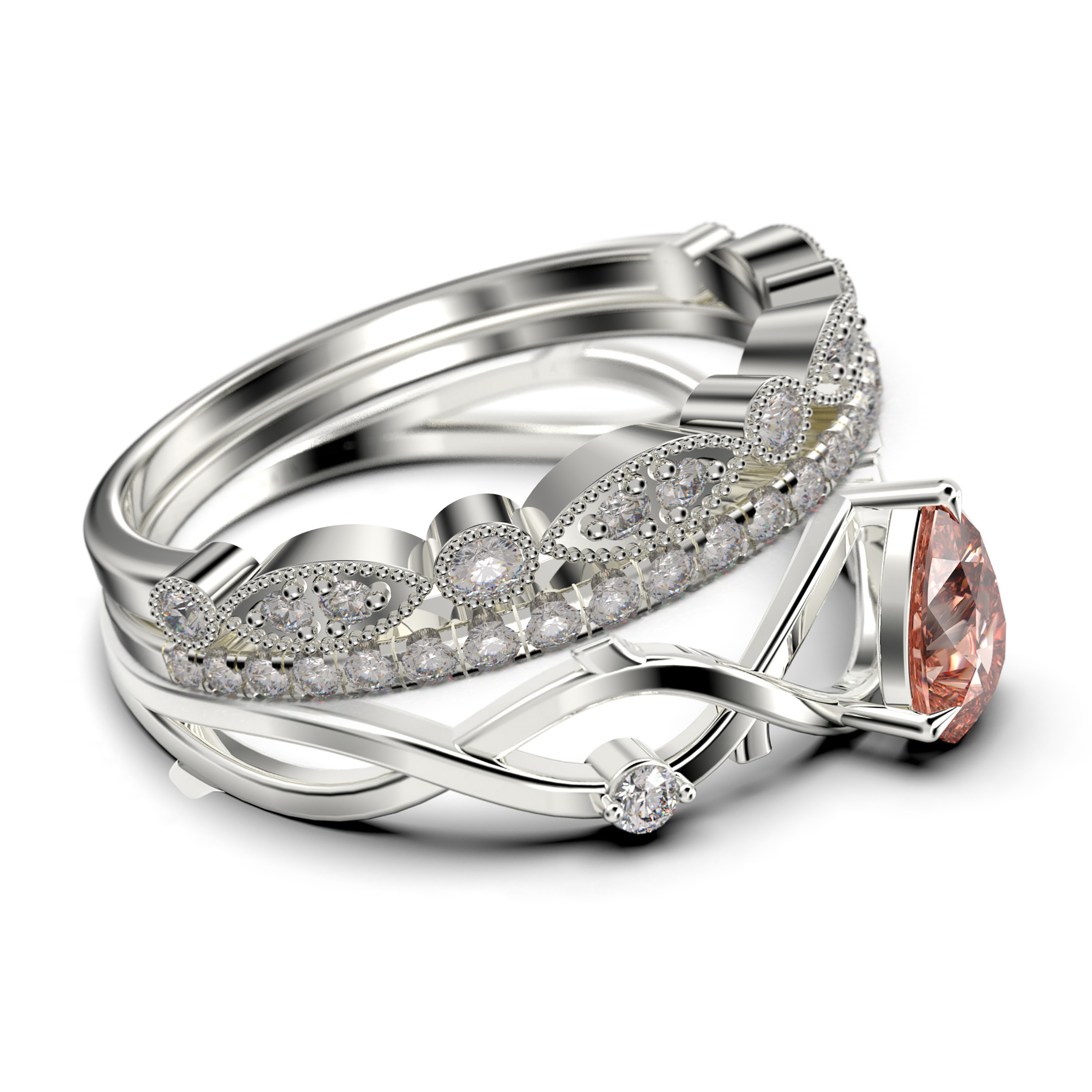 Boho & hippie 2.10 Carat Pear Cut Morganite And Diamond Moissanite Unique Engagement Ring, Wedding Ring, Inspired And Branch Ring in 925 Sterling Silver With 18k White Gold Plating, Trio Ring Set