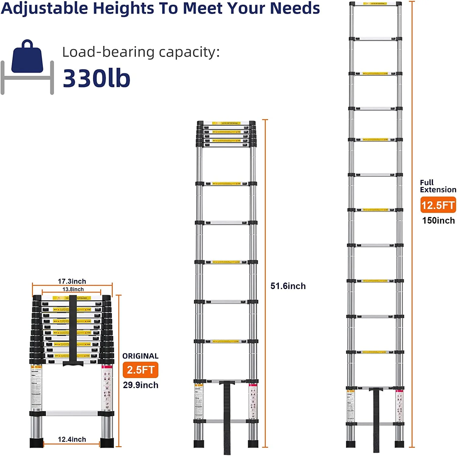 12.5FT Telescoping Ladder- Multi-Purpose Aluminum Extension Ladder Adjustable Compact Ladder for Household, RV, Outdoor, 330lbs Max Capacity