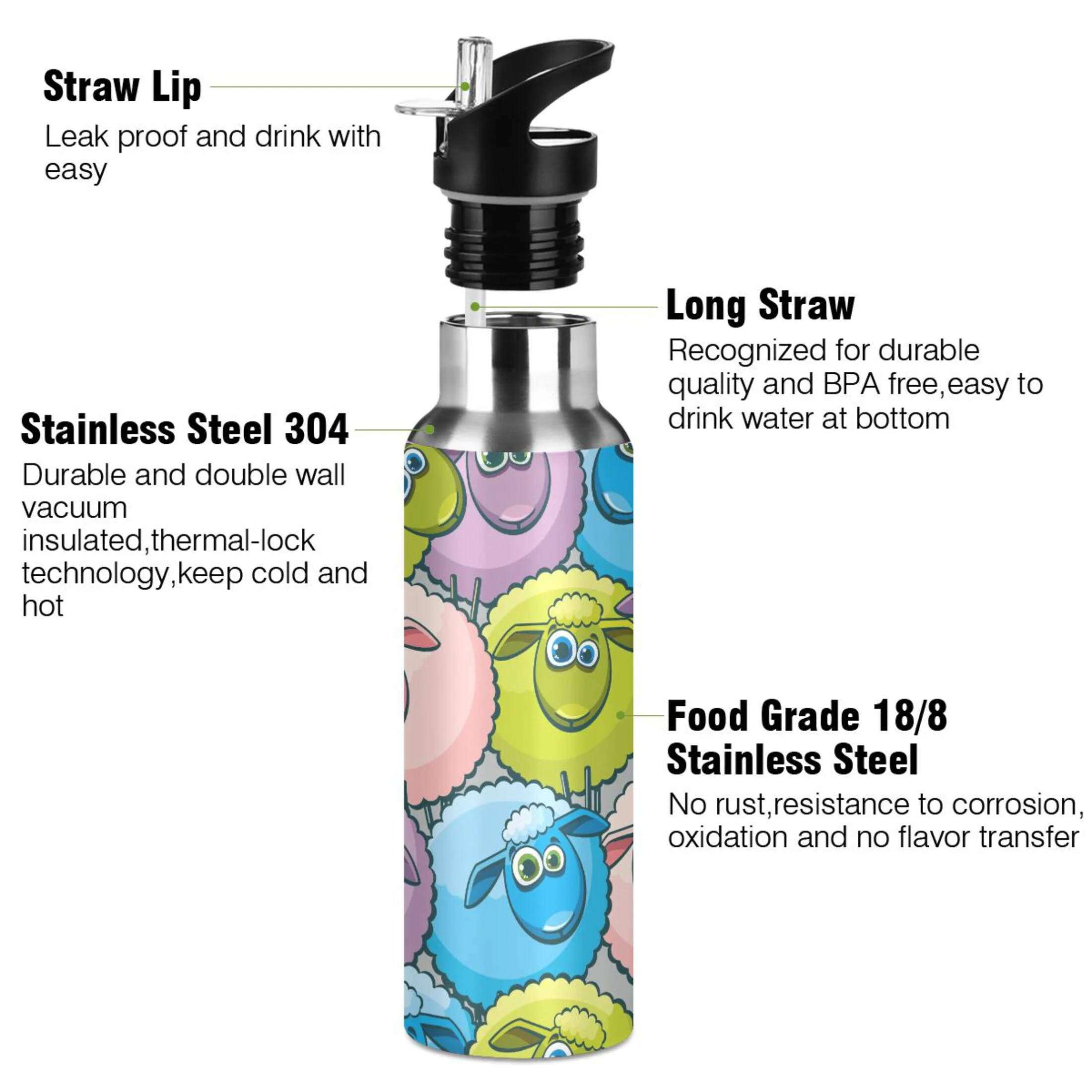 Water Bottle with Straw Lid Leak Cartoon Funny Sheep Stainless Steel Insulated Thermos Vacuum Flask for Cold Hot Drinking for Sports Camping Gym Yoga