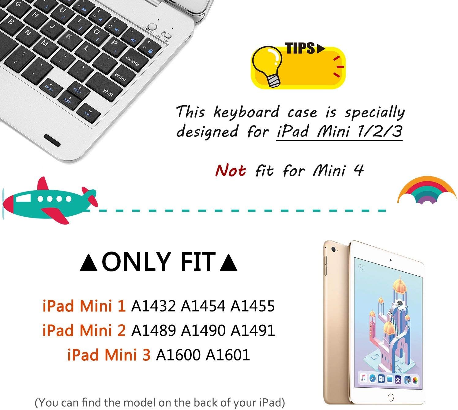 ONHI Wireless Keyboard for iPad Mini Keyboard Case, Folio Flip Smart Cover for iPad Mini 3/ iPad Mini 2/ iPad Mini 1 with Folding Stand,Silent Typing(Black)