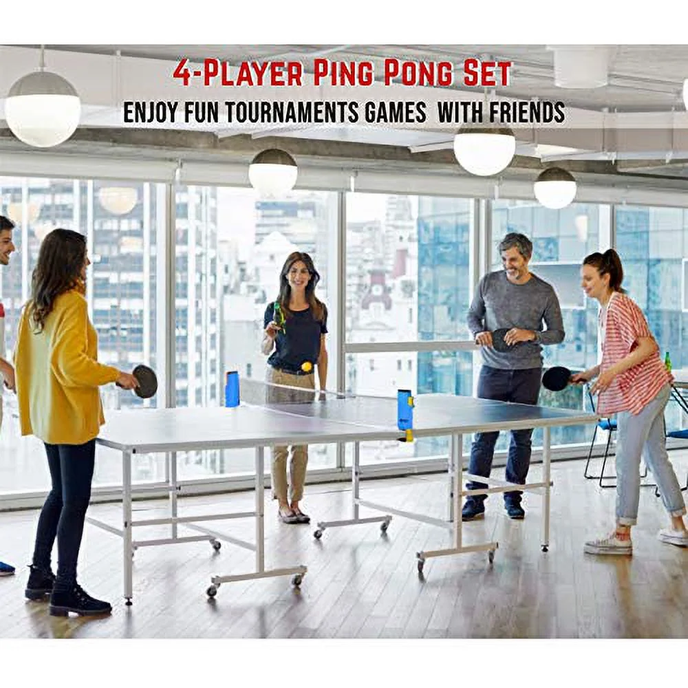 Ping Pong Paddle Set - 4 Professional Rackets, Retractable Net, 6 Pig Pong Balls, Carry Case - Indoor and Outdoor Table Tennis Play