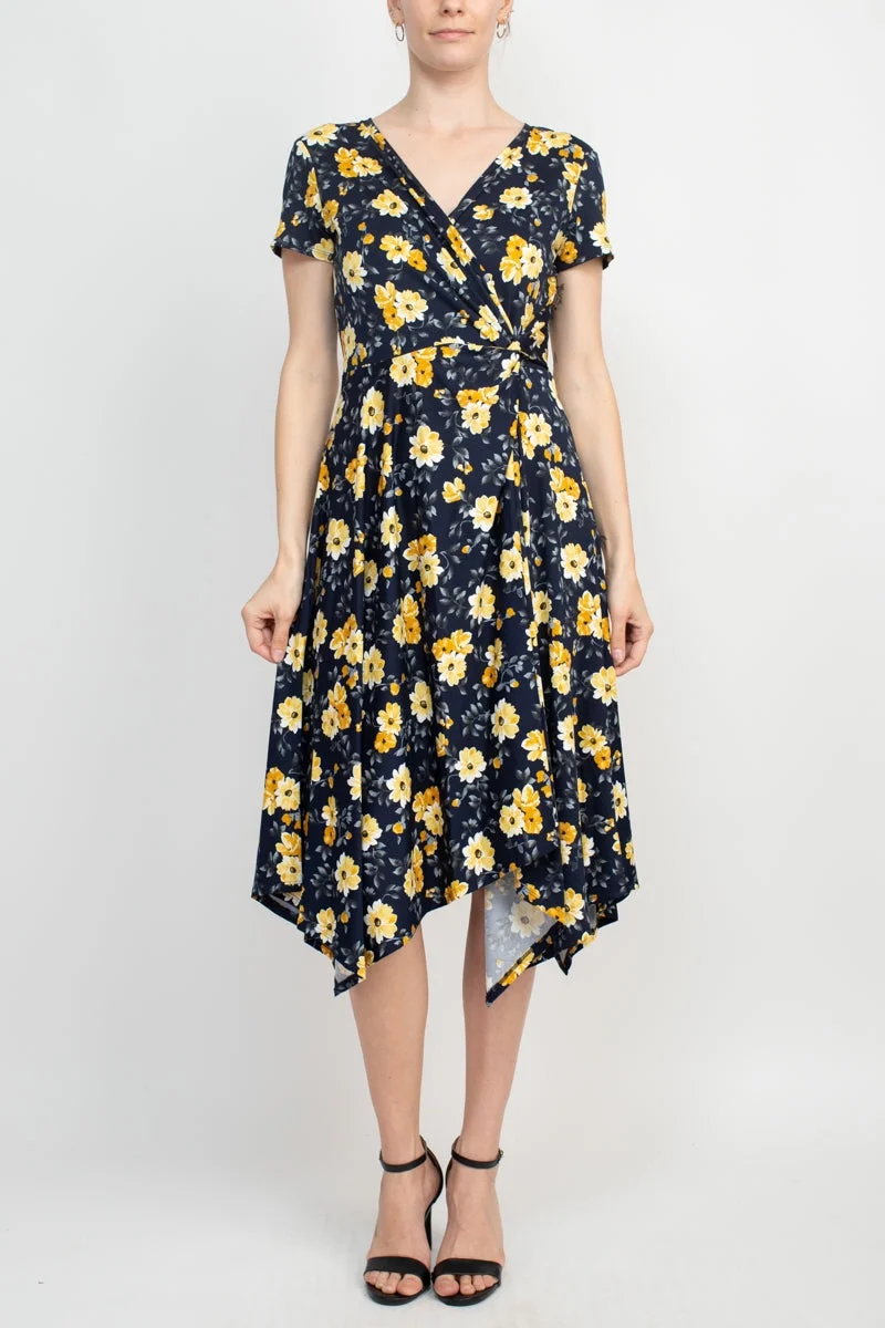 Perceptions V-Neck Short Sleeve Gathered Side Floral Print ITY Dress-NAVY YELLOW / L