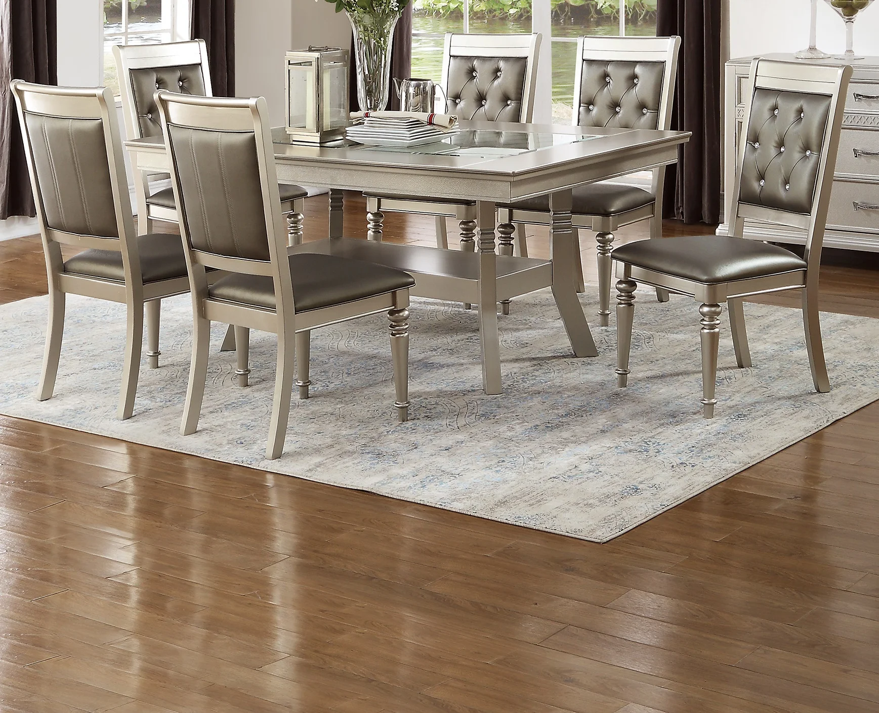 Traditional Formal Dining Table w Shelf 6x Side Chairs Tufted Back Seats Upholstered Kitching 7pc Silver Dining Room Furniture