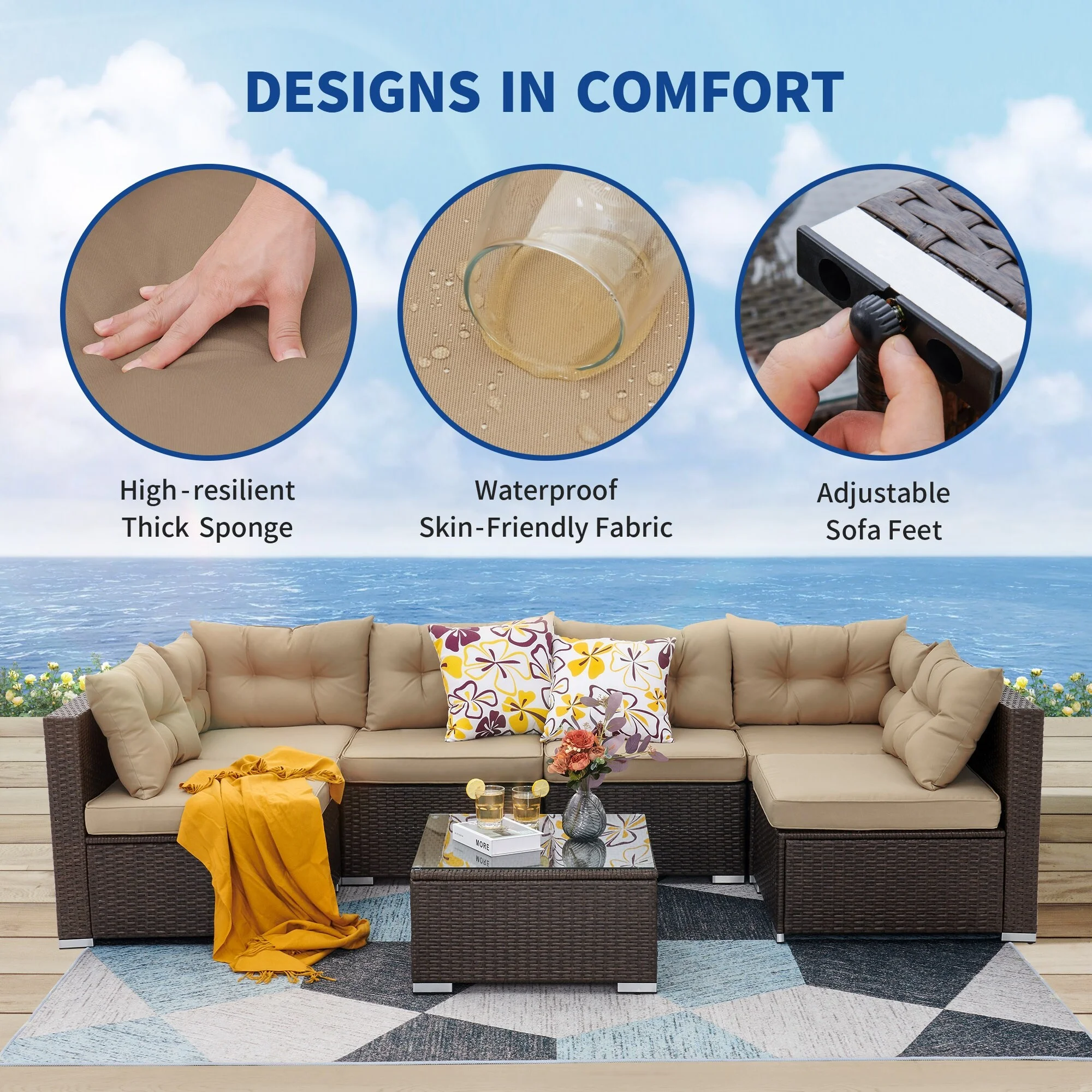 Mcferran's Inc Bavorov Wicker Rattan 7 Pieces Patio Furniture Set Brown