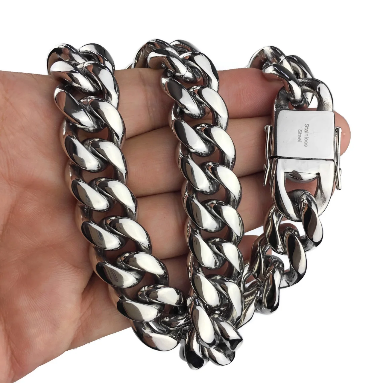 Mens 18MM Miami Cuban Chain Heavy Solid Stainless Steel Silver Hip Hop Necklace 20