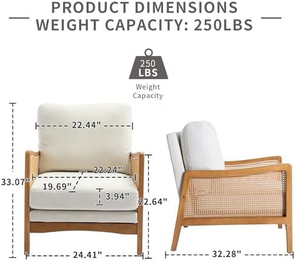 NLIBOOMLife Wooden Mid Century Modern Accent Chair  Upholstered Leisure Armchair with Rattan Armrest  Velvet Fabric Comfy Reading Chair  Lounge Side Chair for Living Room  Bedroom (Beige)