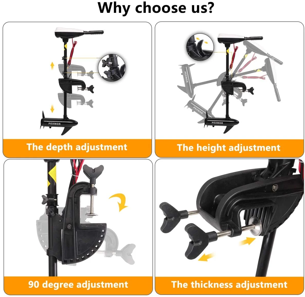 PEXMOR Electric Trolling Motor 36/46/55/86LBS Thrust Saltwater Transom Mounted w/LED Battery Indicator 8 Variable Speed for Kayak, Inflatable Fishing Boats