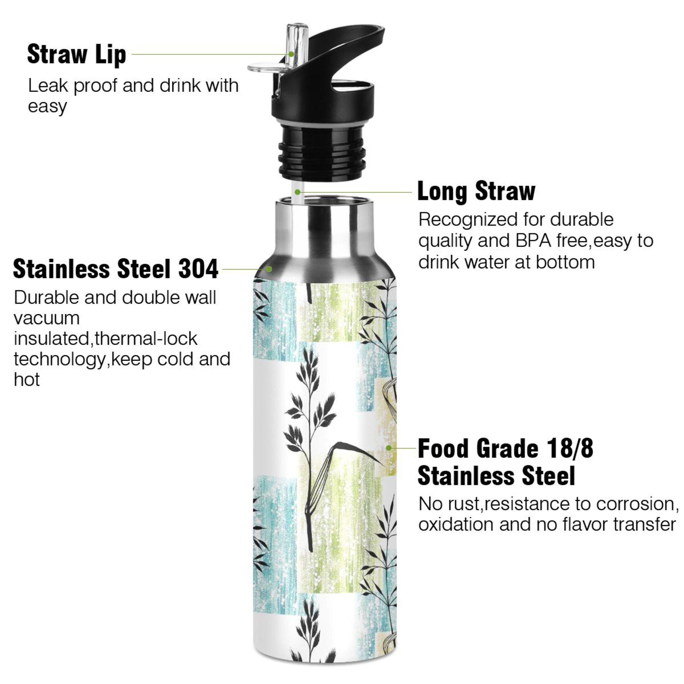 Water Bottle with Straw Lid Leak Black and White Grasses Stainless Steel Insulated Thermos Vacuum Flask for Cold Hot Drinking for Sports Camping Gym Yoga