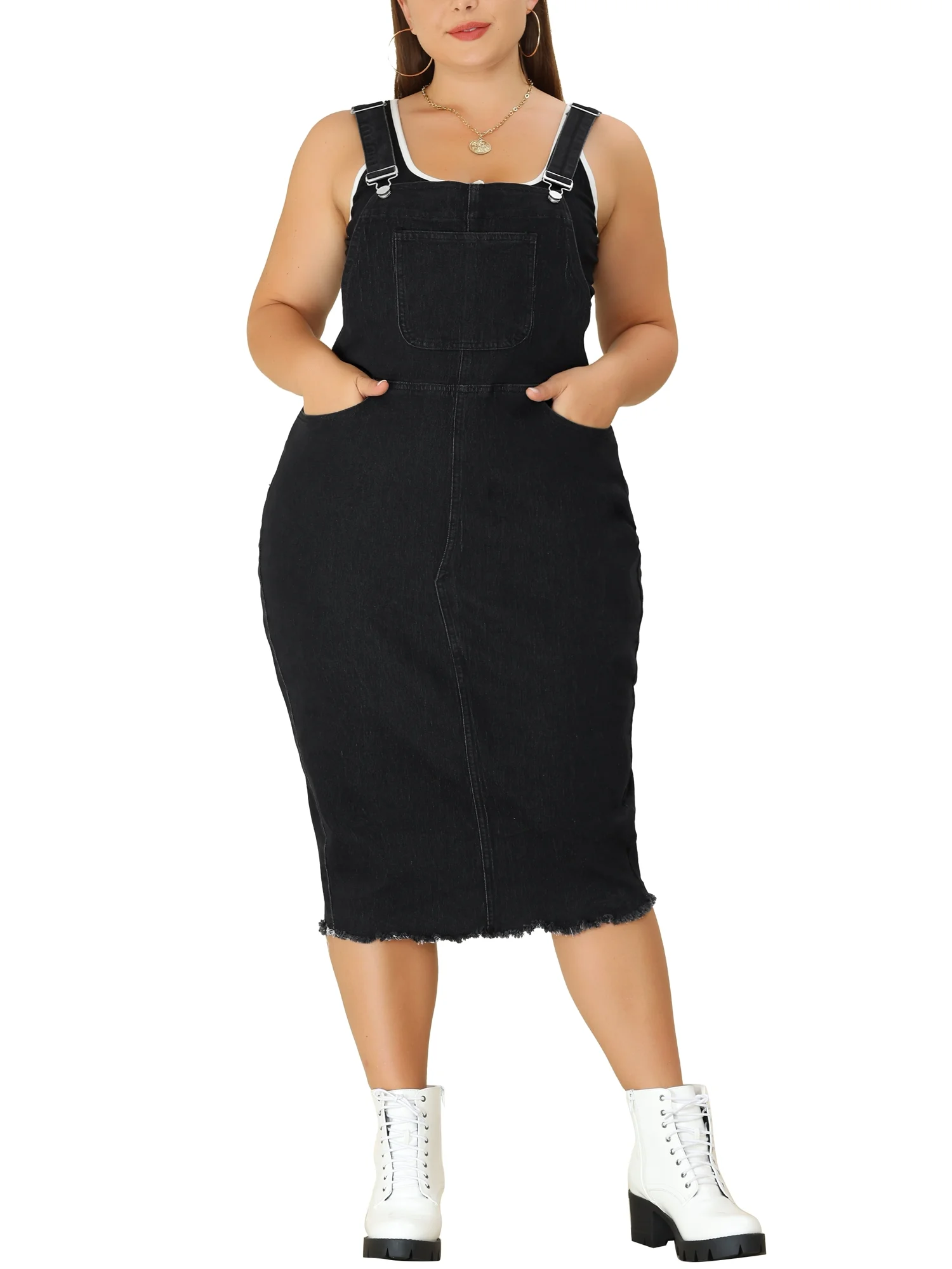 Agnes Orinda Women's Plus Size Bodycon Back Vent Raw Hem Denim Midi Overall Dresses