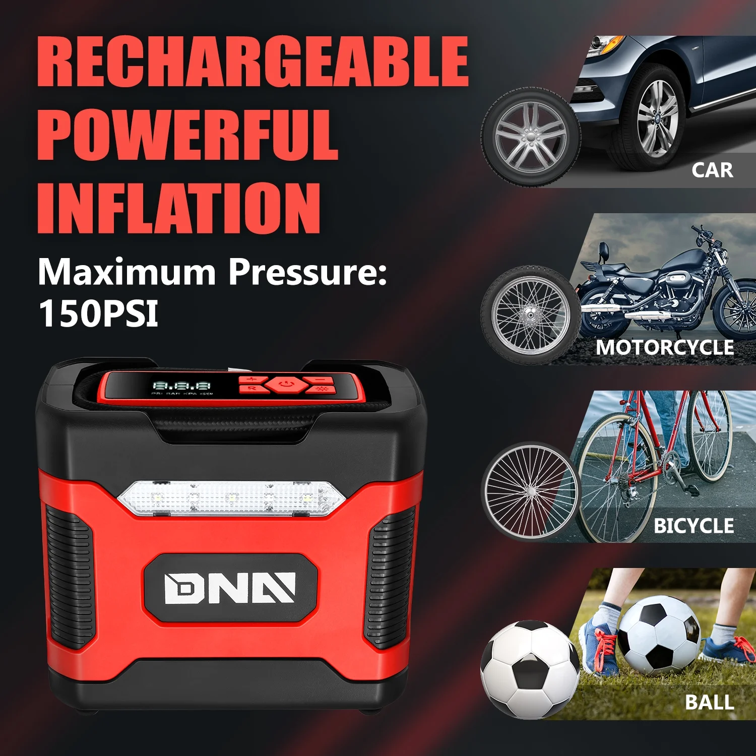 DNA Motoring TOOLS-00210 Red 150 PSI DC 12V Portable Digital Tire Inflator for Cars Bicycles Motorcycles Balls