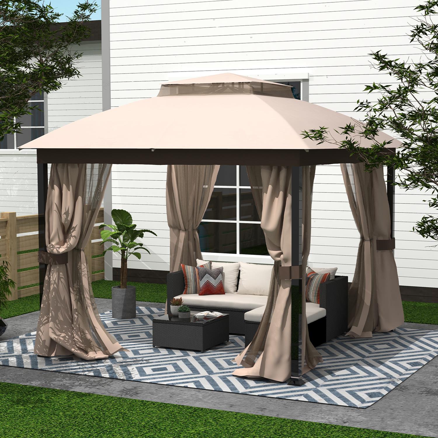 Cloud Mountain Gazebo with Mosquito Netting Outdoor Gazbeo Canopy 10x10 Double Roof Vented, Sand