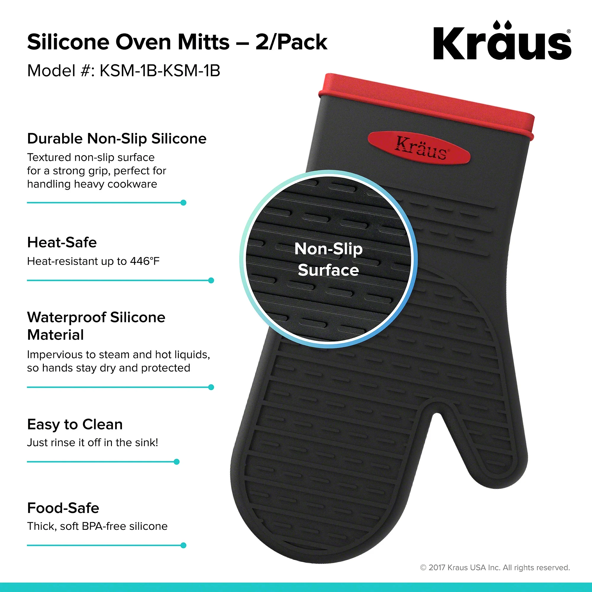 KRAUS Heat-Resistant 100% Food-Safe Silicone Non-Slip Oven Mitt Pack of 2