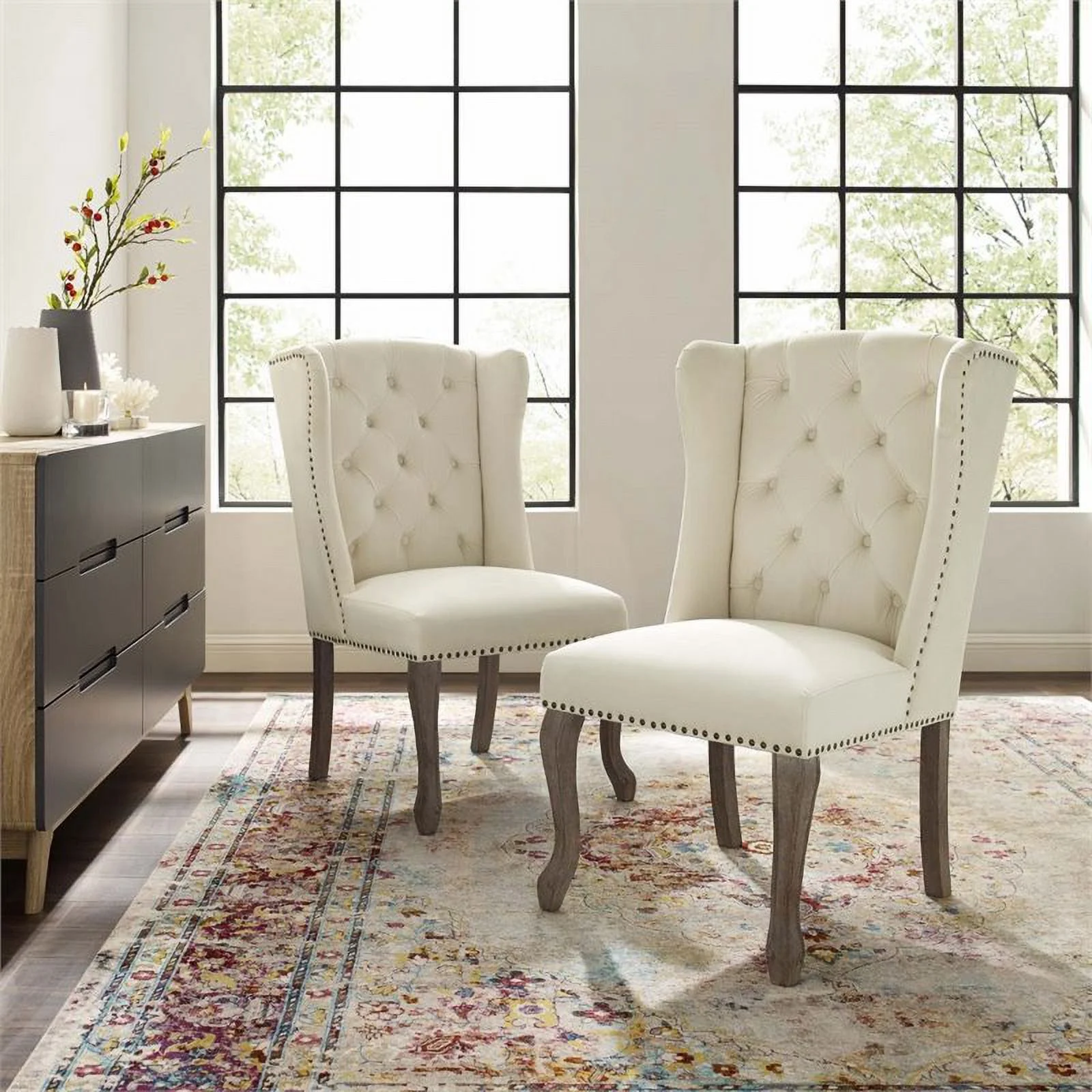 Pemberly Row Performance Velvet Tufted Accent Chair in Ivory (Set of 2)