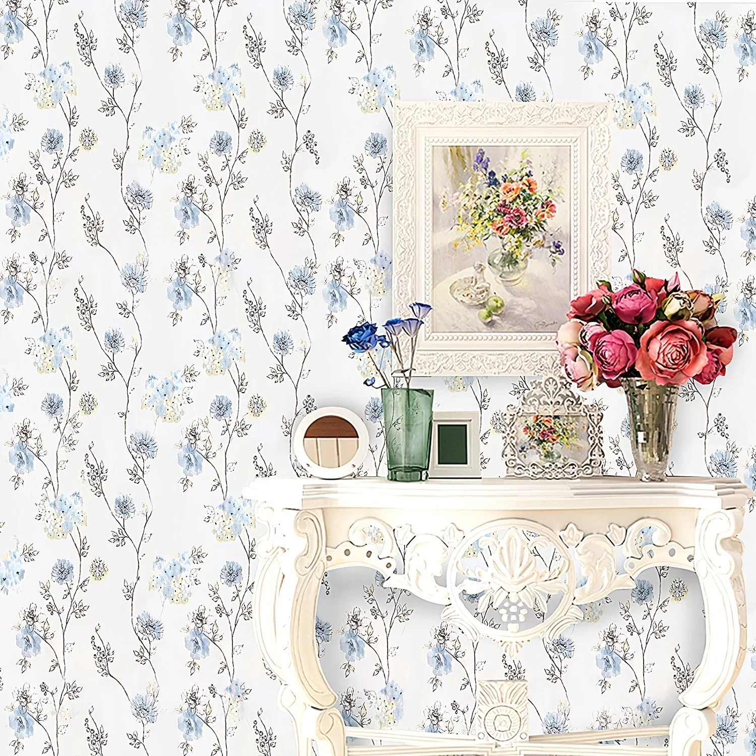 1 Roll, Green Plant Retro Green Leaf Flower Waterproof Wallpaper, Peel And Stick Refrigerator Speaker Dryer Cabinet Oven Appliance Furniture Renovation, Room Kitchen Background Wallpaper, Home Decor