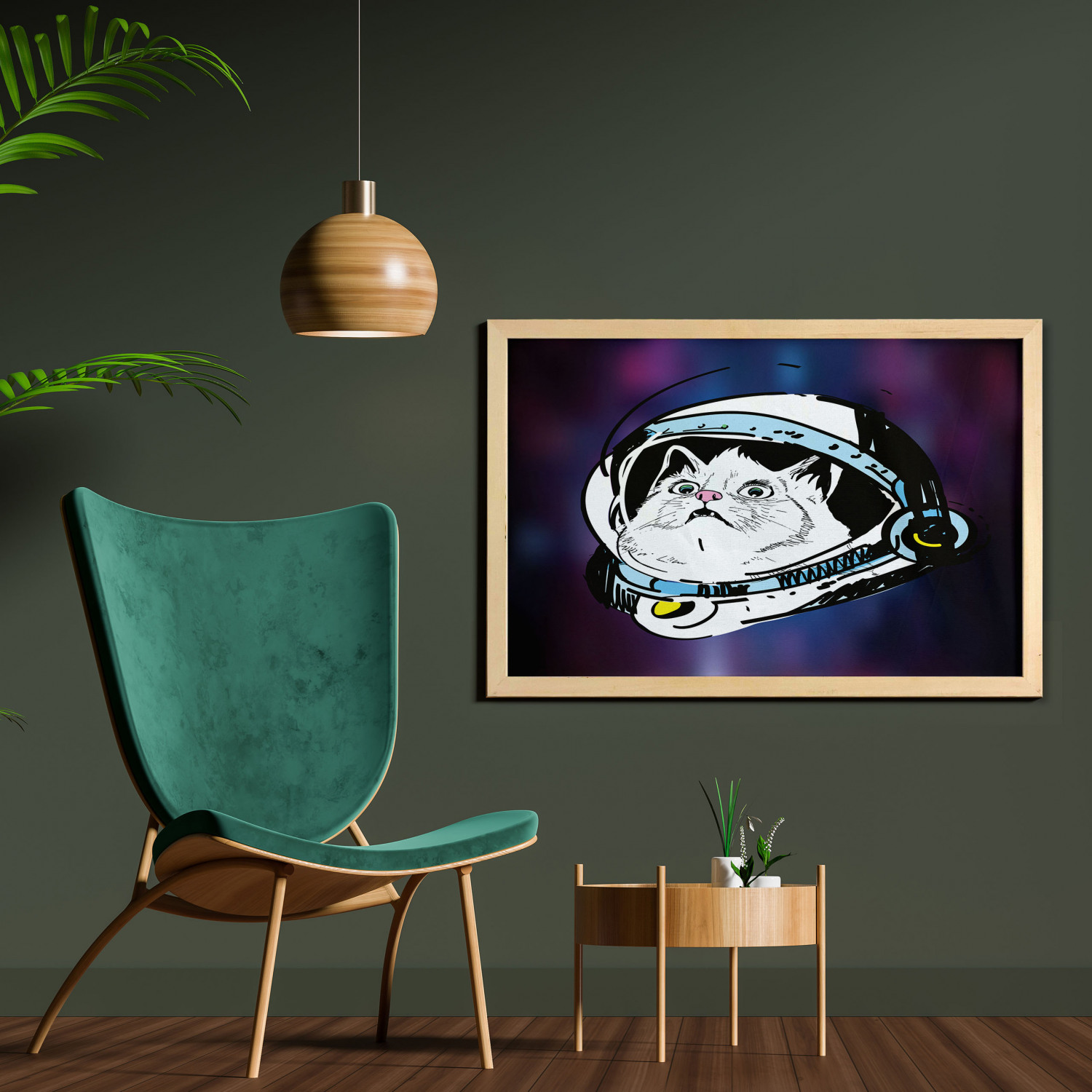 Outer Space Wall Art with Frame, Kitten in Astronaut Hat Looks at Cosmic Rays UFO Universe Celestial Theme, Printed Fabric Poster for Bathroom Living Room, 35