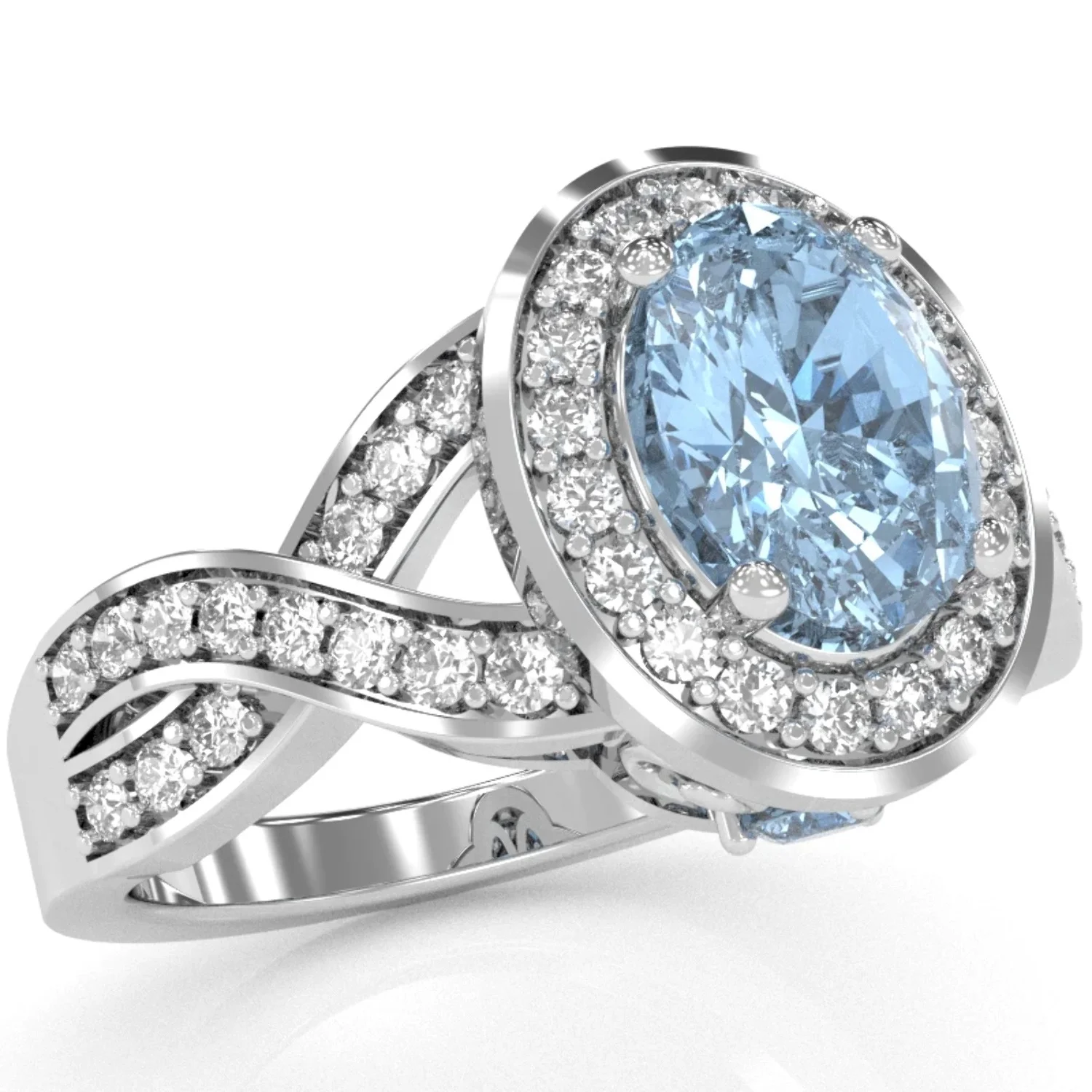 Three Stone Aquamarine Diamond Peekaboo Halo Engagement Ring In 14k White Gold