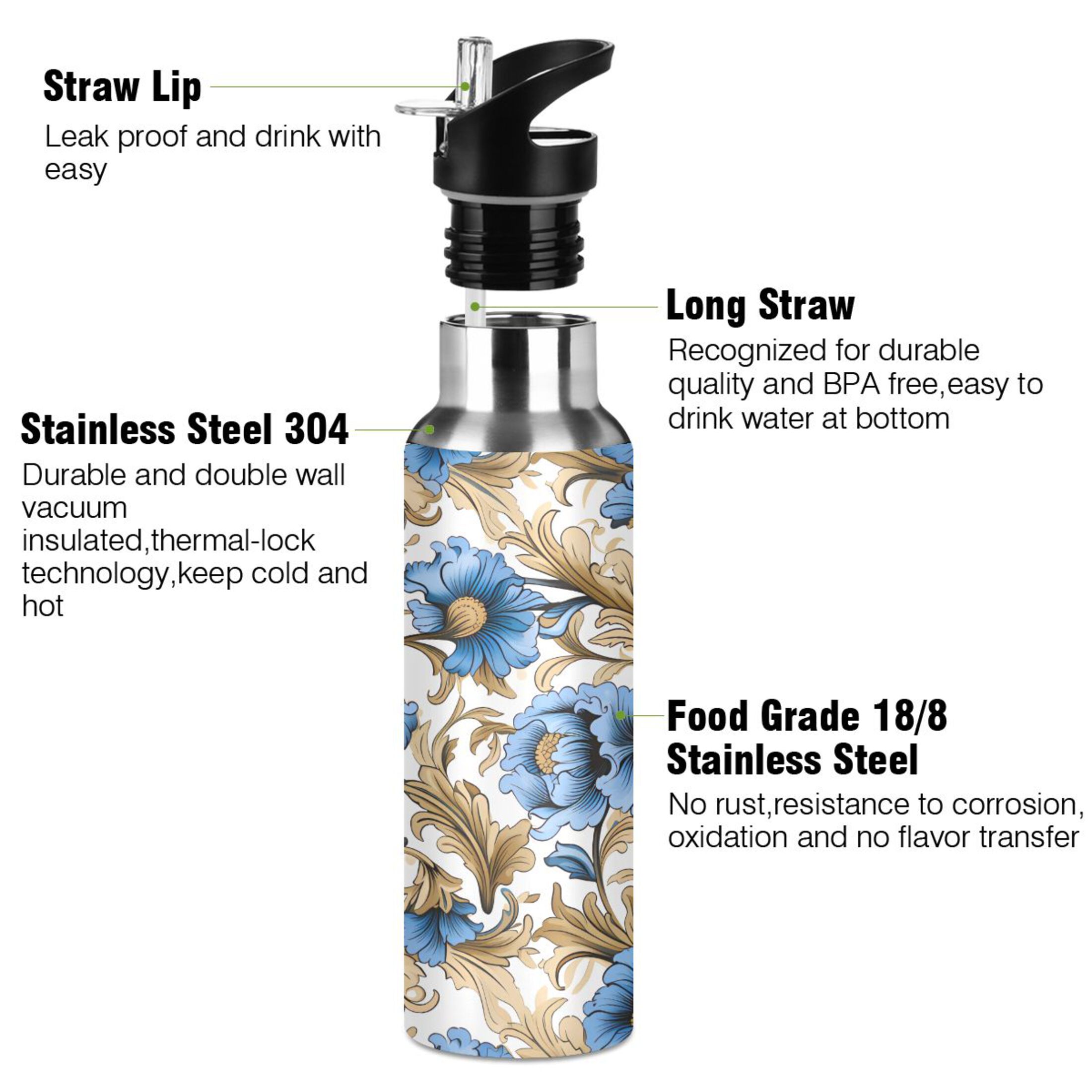 Water Bottle with Straw Lid Leak Blue Flowers with Gold Leaves Stainless Steel Insulated Thermos Vacuum Flask for Cold Hot Drinking for Sports Camping Gym Yoga