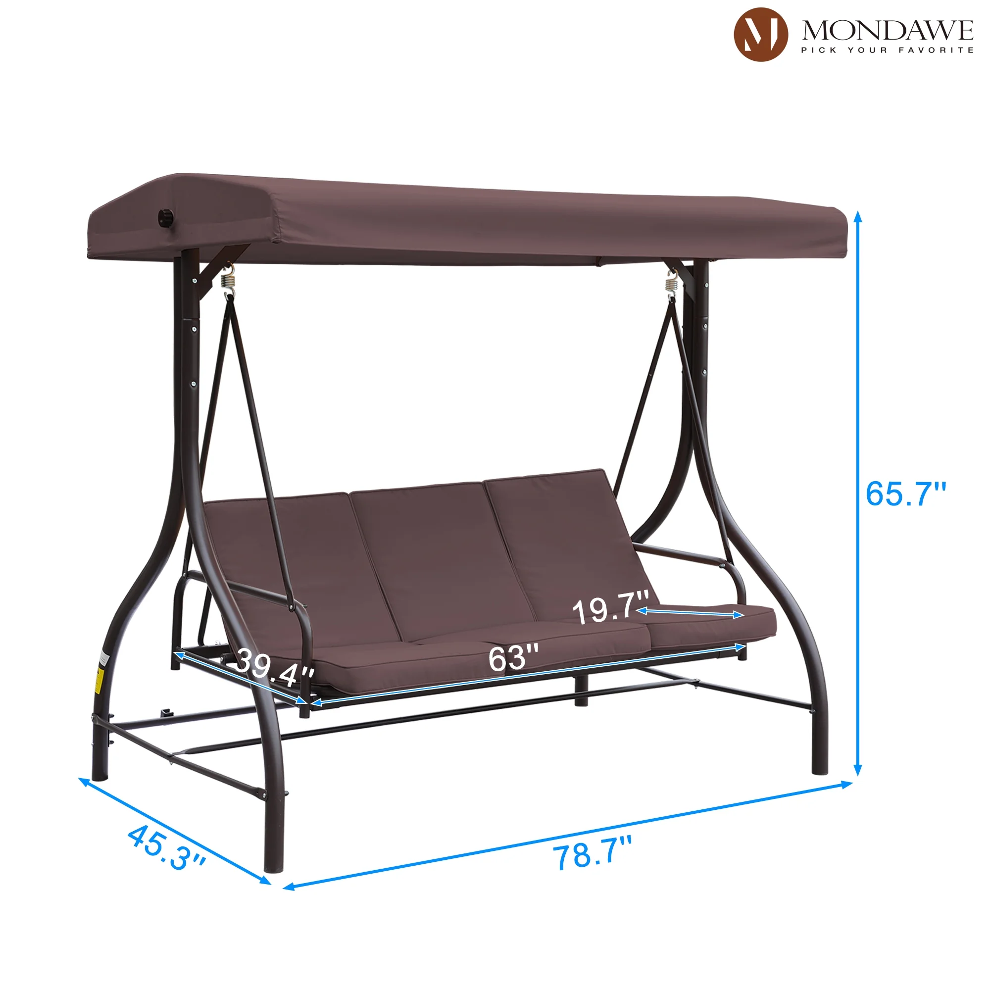 Mondawe Outdoor Patio Swing Chair with Canopy and Removable Cushion, 3 Seater Adjustable Porch Swing Glider for Garden, Coffee
