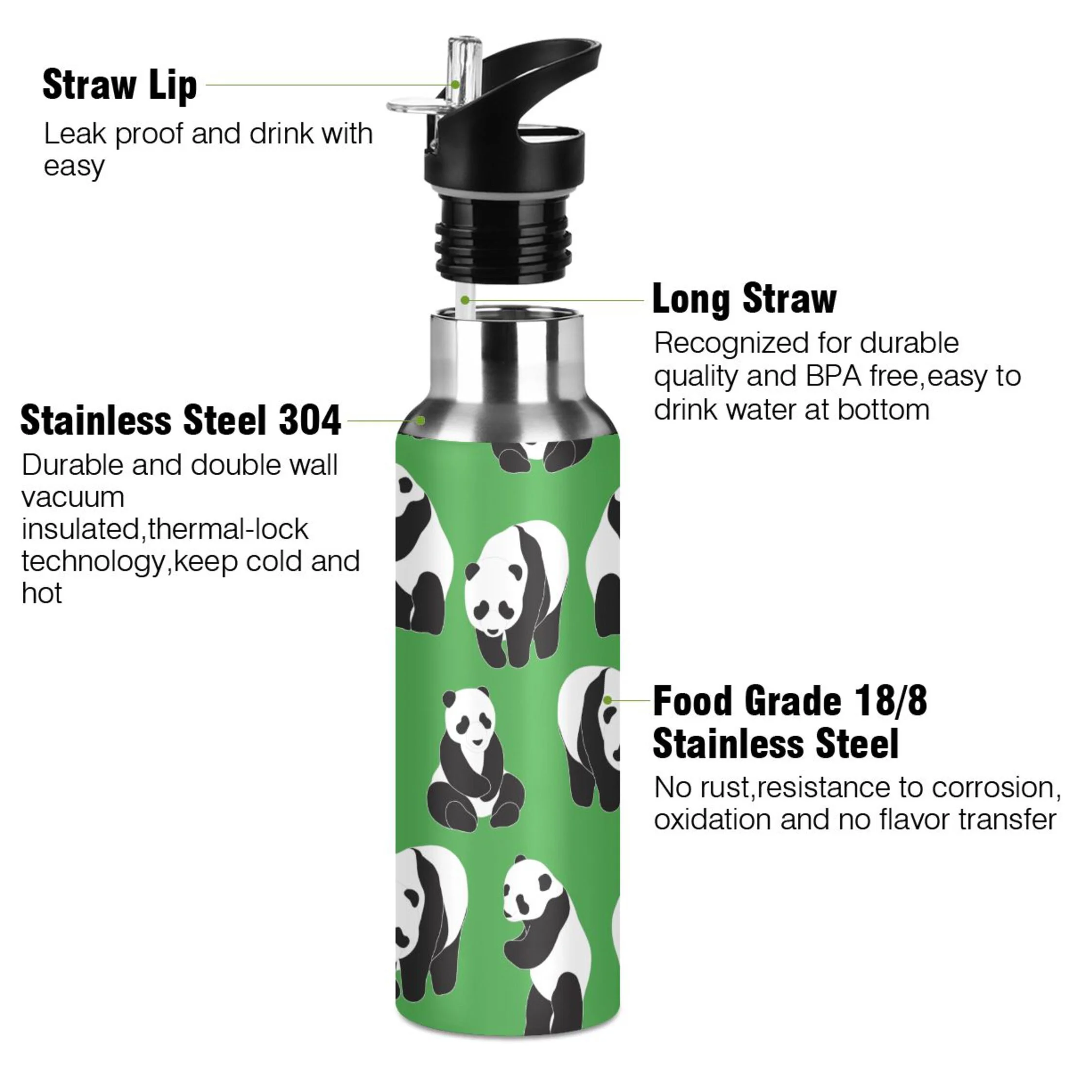 Stainless Steel Water Bottle Panda Cute Green with Straw Lid Vacuum Insulated Leak Proof Flask Jug for Gym Travel Sports Cycling Outdoor 20 OZ