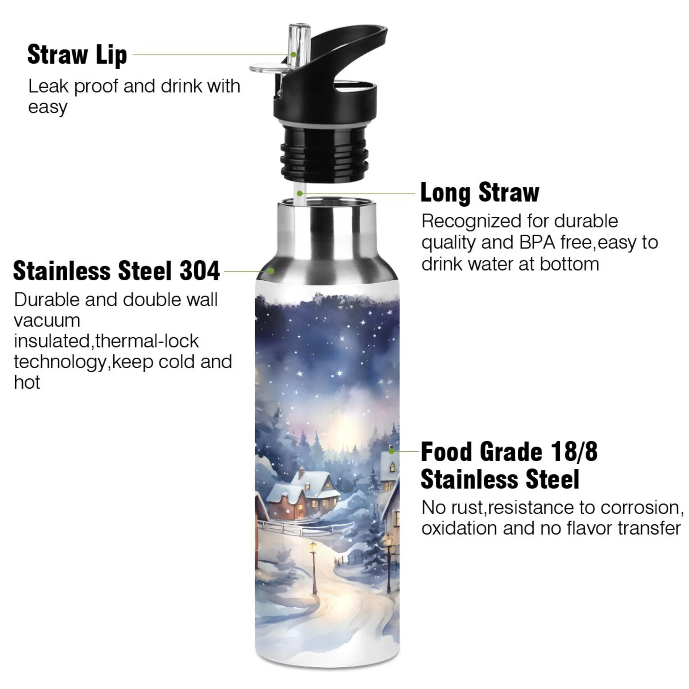 Water Bottle with Straw Lid Leak Winter Houses with Snow Stainless Steel Insulated Thermos Vacuum Flask for Cold Hot Drinking for Sports Camping Gym Yoga