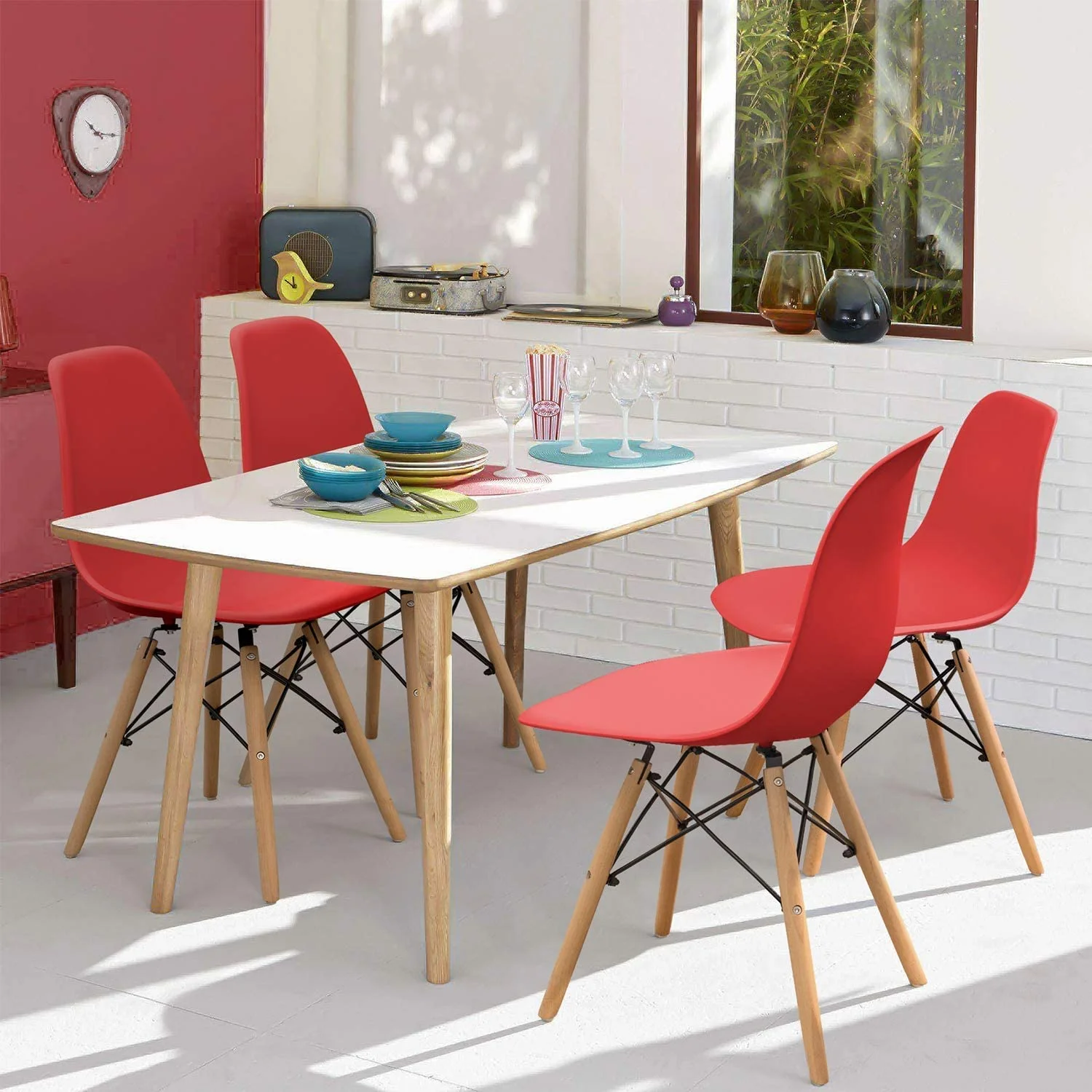 Pre Assembled Modern Style Dining Chair Mid Century Modern DSW Chair, Shell Lounge Plastic Chair for Kitchen, Dining, Bedroom, Living Room Side Chairs Set of 4，Red
