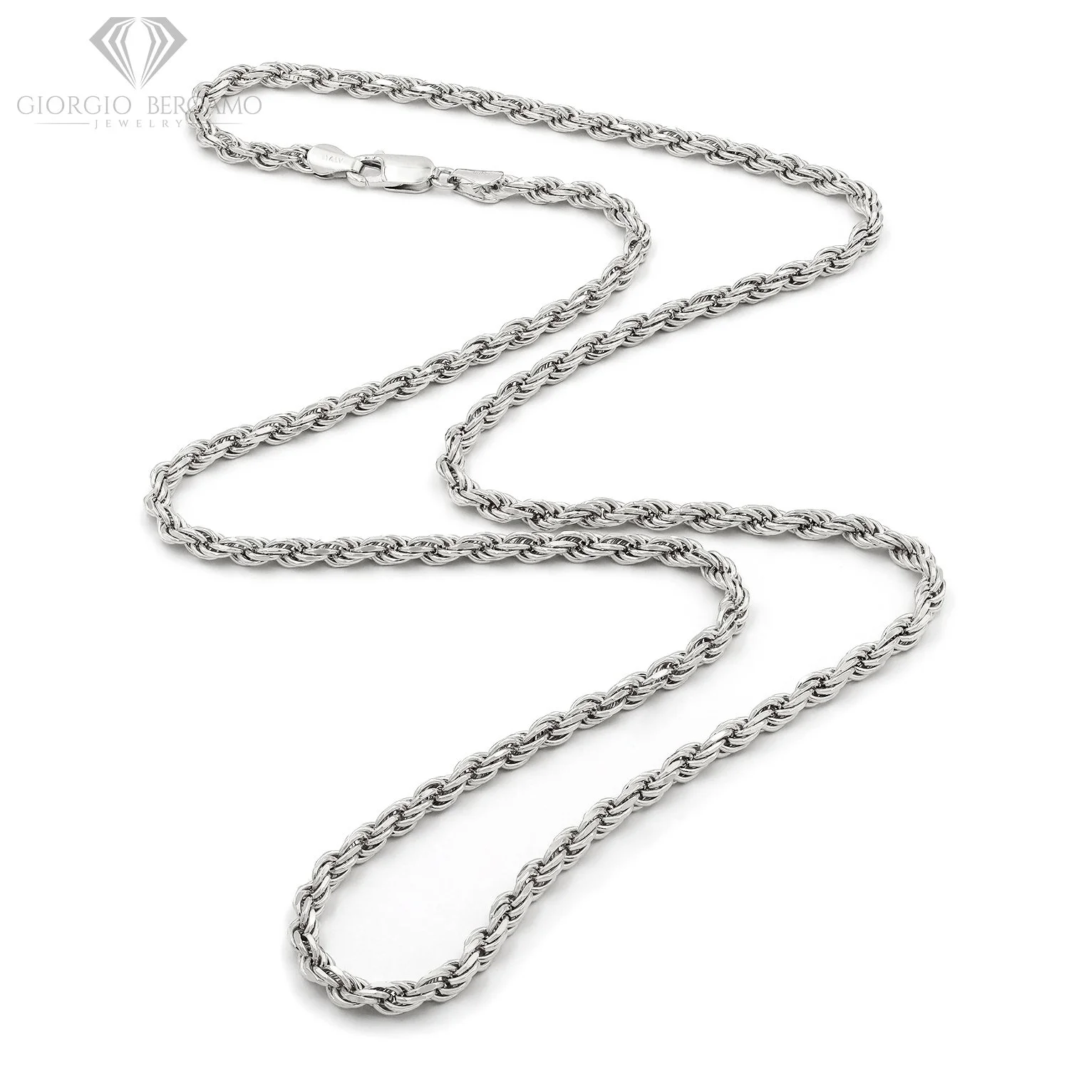 925 Italian Sterling Silver 4mm Solid Rope Diamond Cut Chain, FREE Microfiber Cloth, ITProLux Link Mens Womens Necklace, Giorgio Bergamo