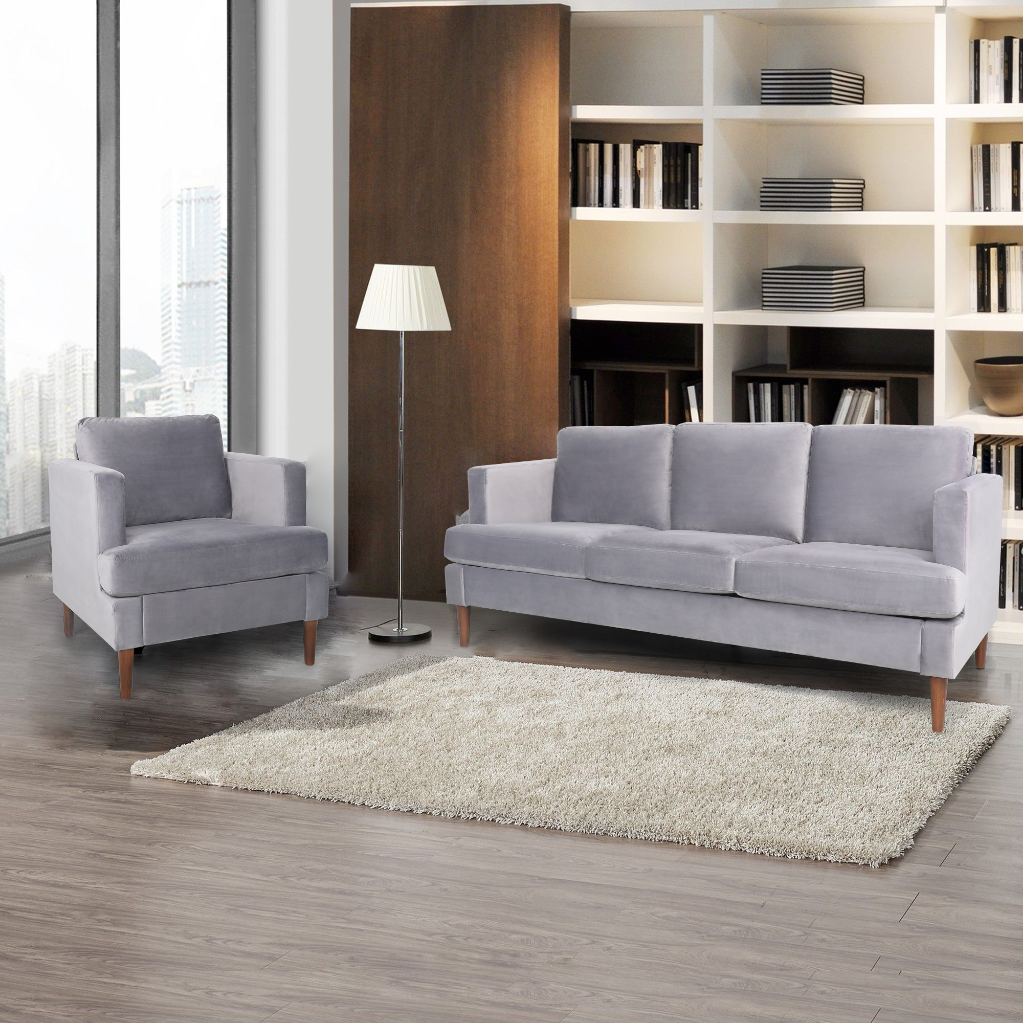 Yocwo Velvet Couches Set,2 Piece Sofa Including Three Seat Sofa and Single Chair for Living Room (Gray)