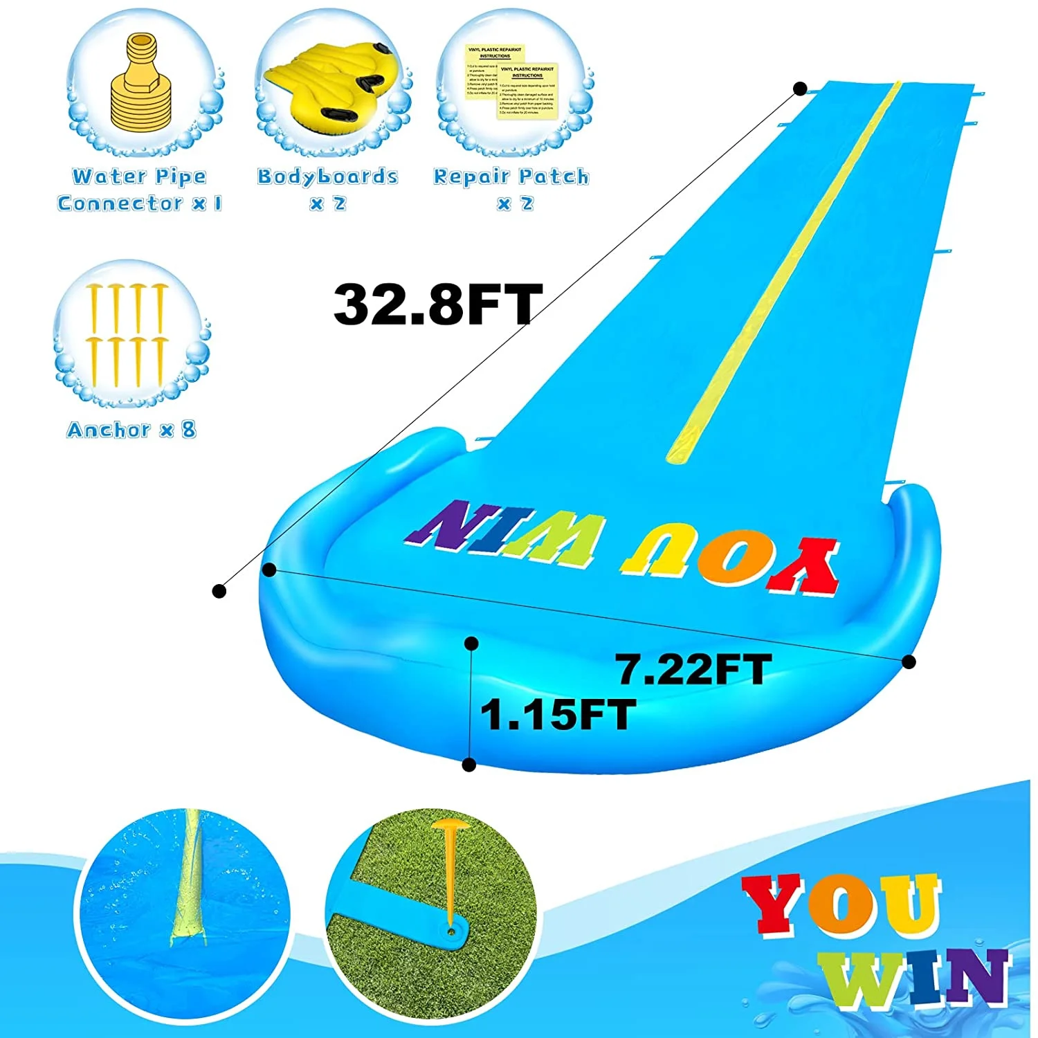 Terra Garden Water Slide, 32.8FT Water Slide for Kids and Adults with 2 Bodyboards & 2 Racing Lanes, Backyard Inflatable Splash Water Slip For Summer