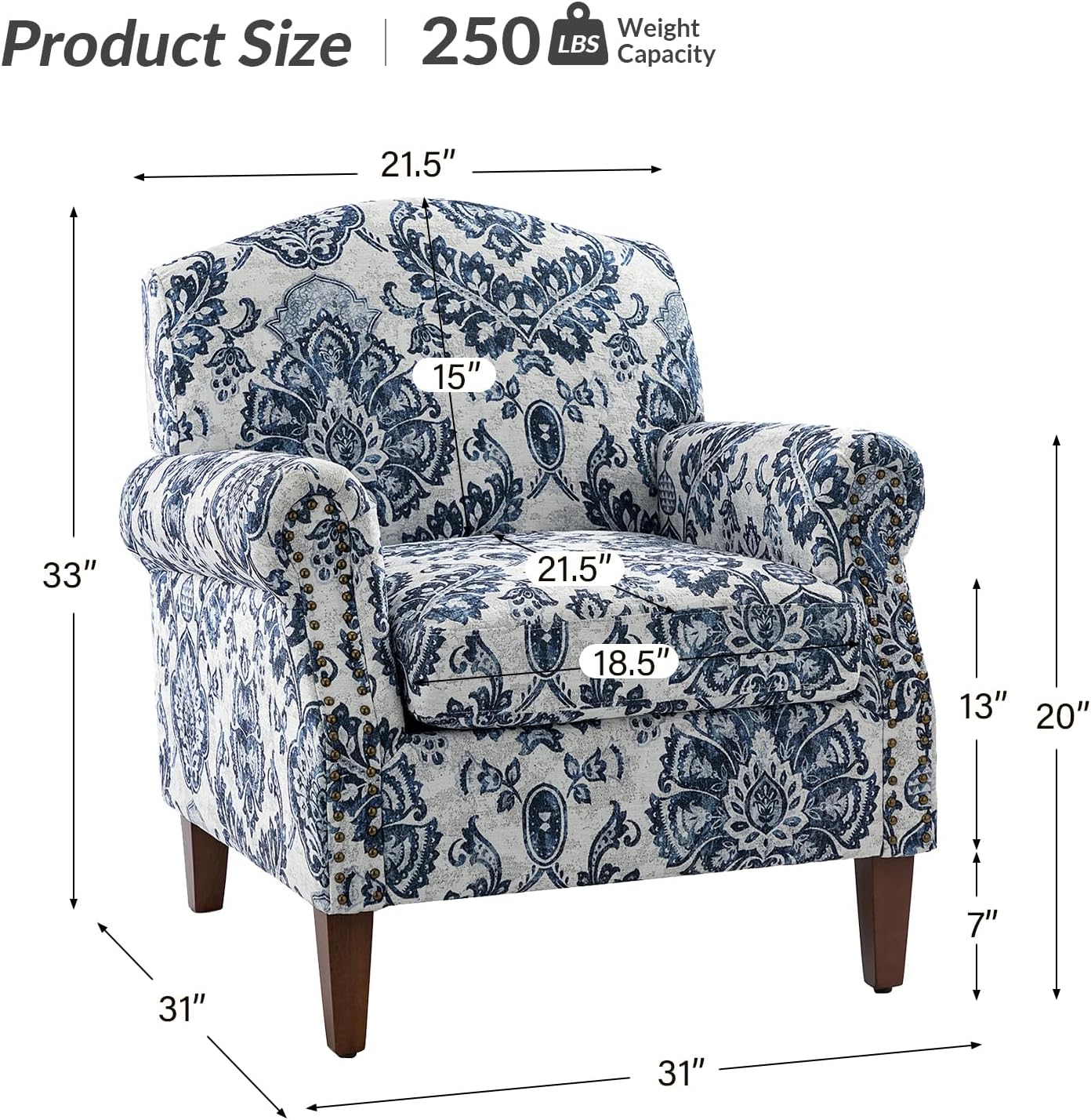 Modern Accent Chair With Wood Legs & Removable Cushion, Comfy Upholstered Armchair Nailhead Trim, Floral Design Single Sofa Cozy Club Chair For Living Room Bedroom Reading Office, Navy