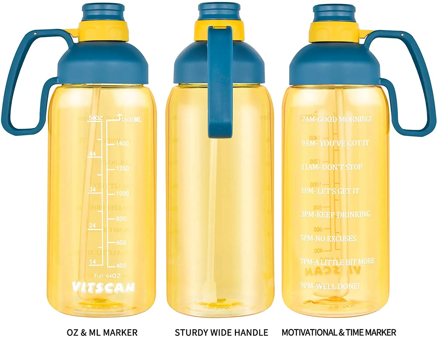 64 oz Leakproof Water Bottle with Time Marker & Long Straw to Ensure You Drink Enough Water for Gym Fitness or Working from Home, BPA Free Protable Water Jugs for Drinking, Camping, Outdoor Sports