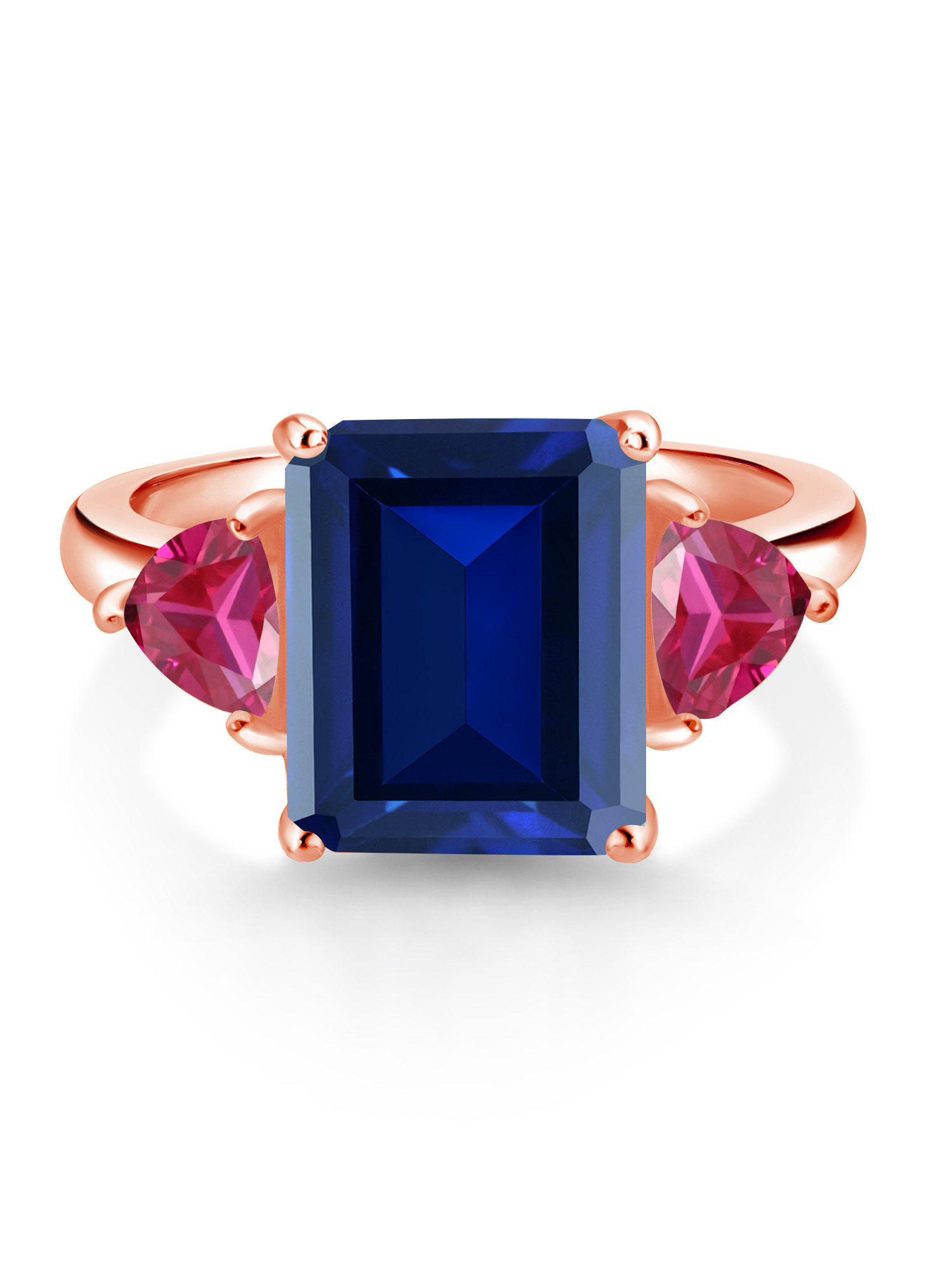 Gem Stone King 18K Rose Gold Plated Silver Simulated Sapphire and Created Ruby 3 Stone Ring For Women (7.56 Cttw, Octagon 12X10MM, Trillion 5X5MM, Gemstone September Birthstone, Size 7)