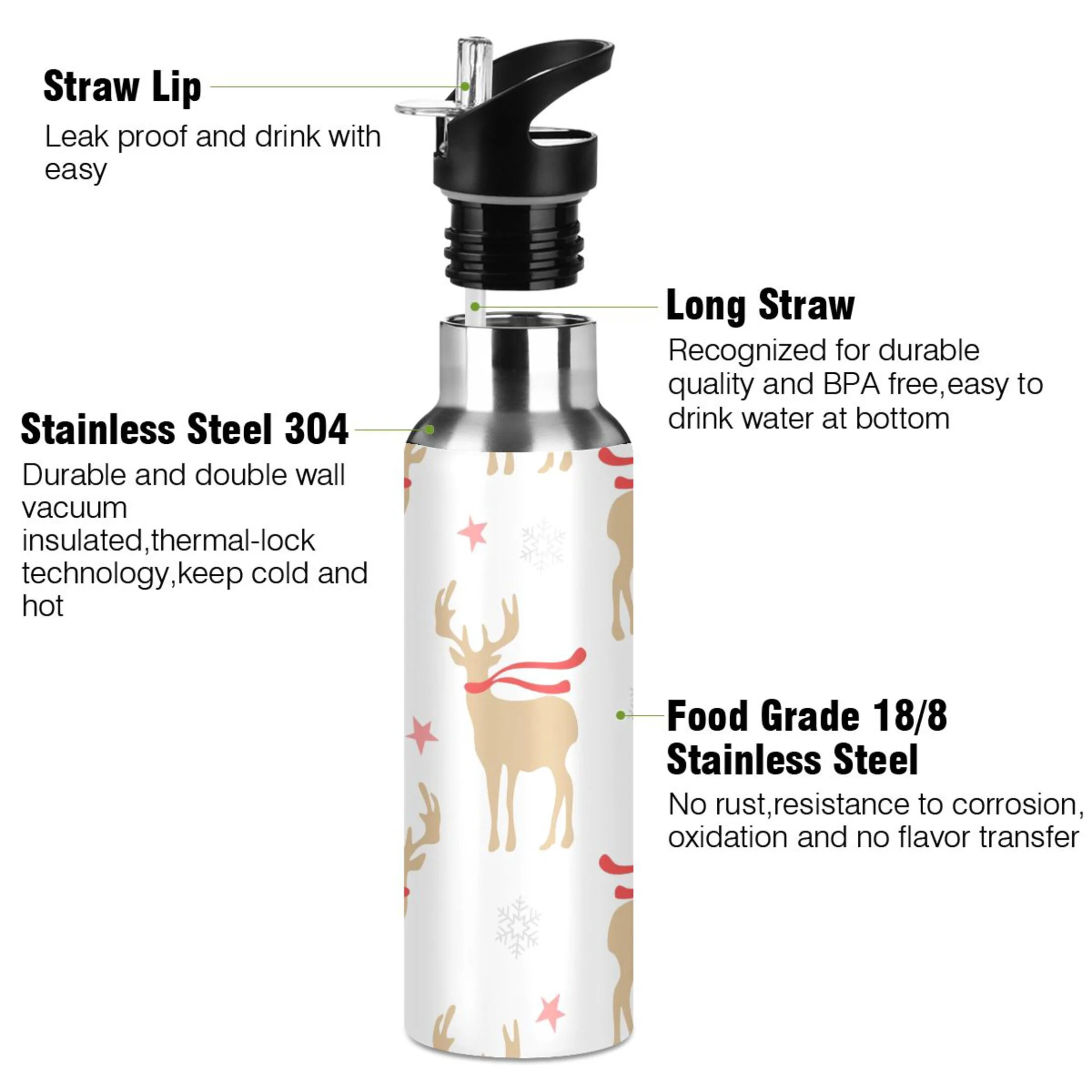 Water Bottle with Straw Lid Leak Christmas Gold Deers and Snowflakes Stainless Steel Insulated Thermos Vacuum Flask for Cold Hot Drinking for Sports Camping Gym Yoga