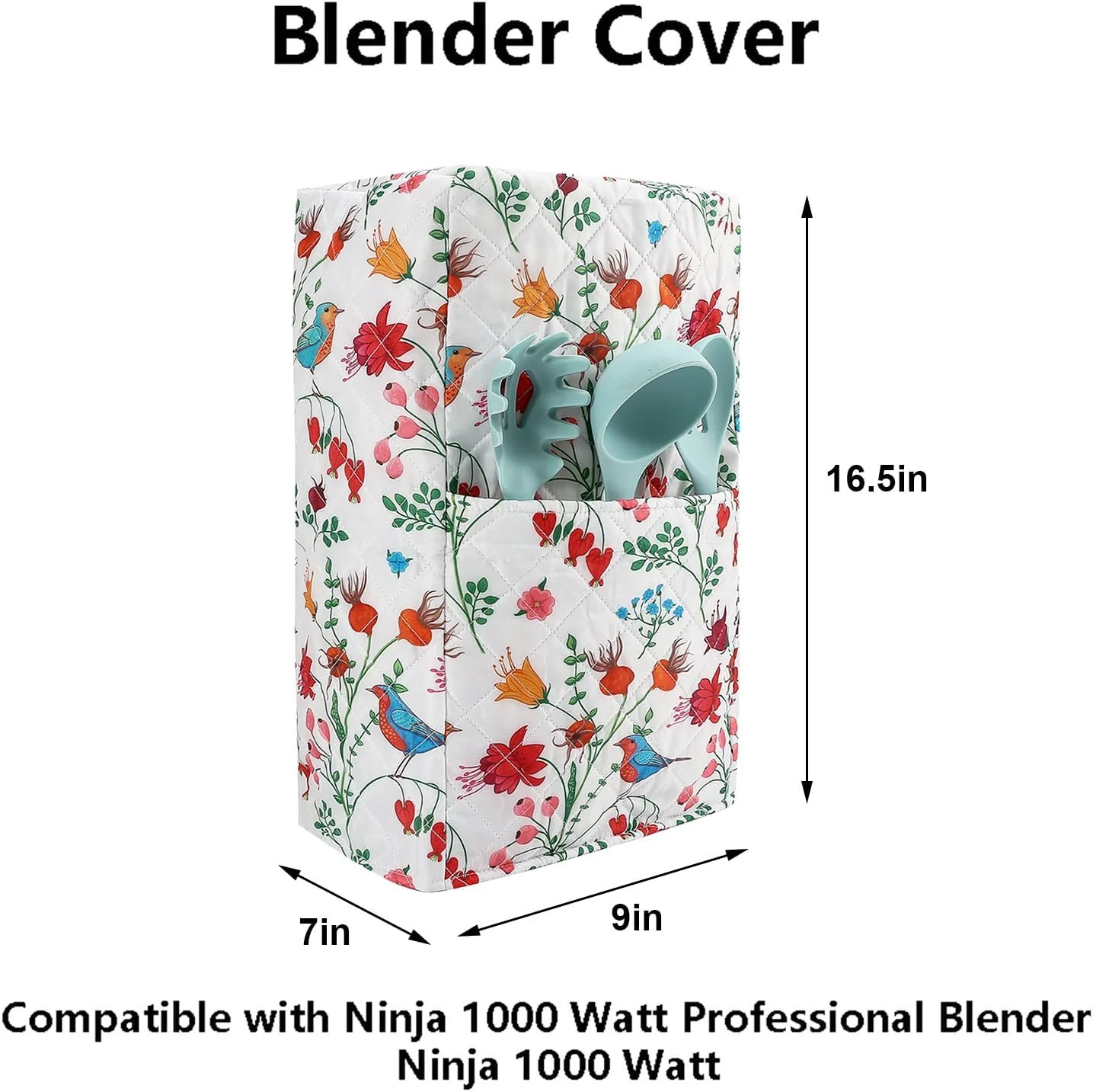Smart Blender Cover,Food Processor Dust Cover, Large Size 9”Lx7”Wx16.5”H, Diamond Collection Kitchen Appliance Case With One Big Pockets, Year Around Protection For Appliances (Flower with Bird)