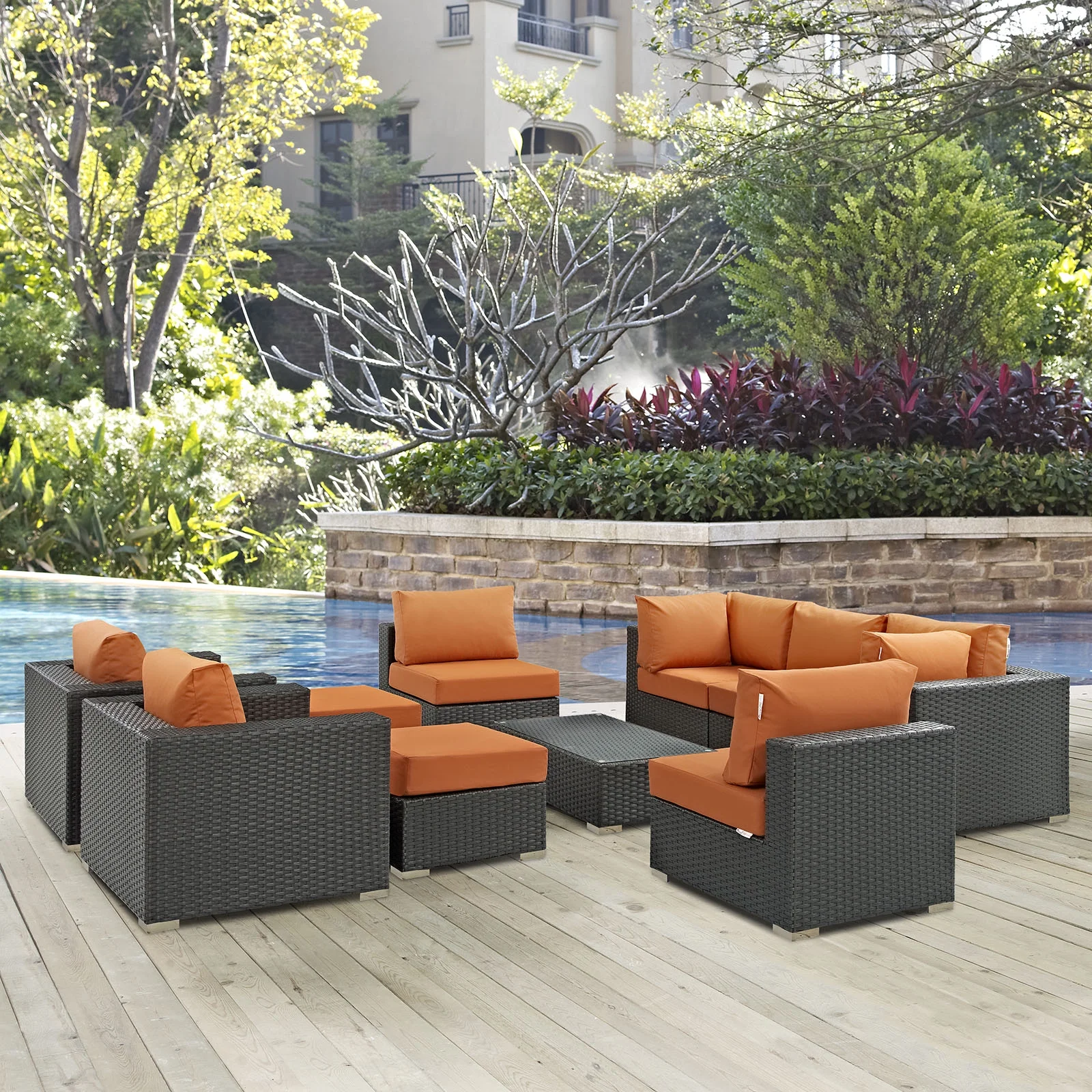 Modern Contemporary Urban Design Outdoor Patio Balcony Ten PCS Sectional Sofa Set, Orange, Rattan