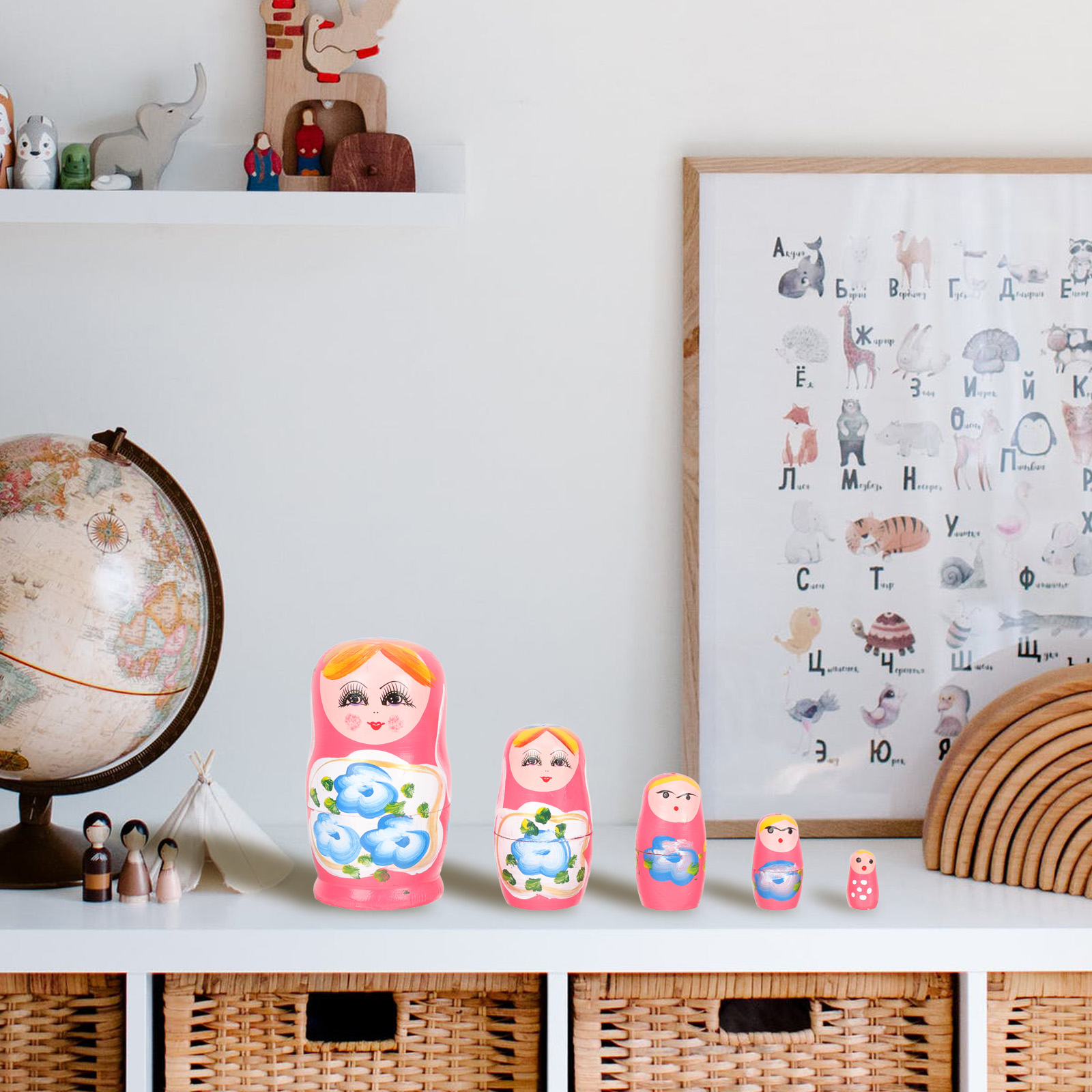 Russian Wooden Doll 2 Sets Matryoshka Crafts Japanese Dolls Girl Toys Gifts Stackable Pink Child Travel