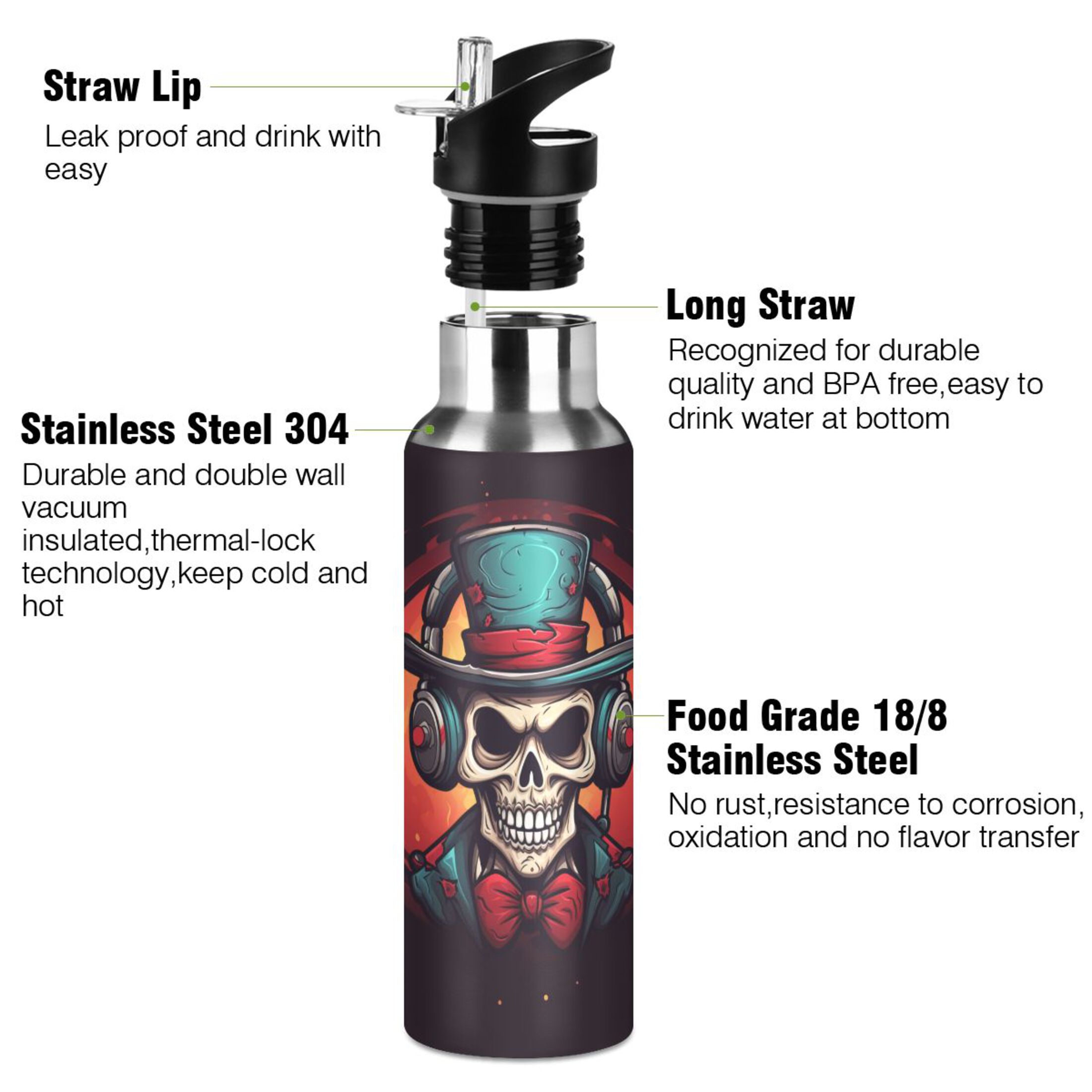 Cool Skeleton with Hat Water Bottles Insulated Thermos Kids Stainless Steel Bottle with Straw Lid Flask Leakproof for Sports Gym 20 oz