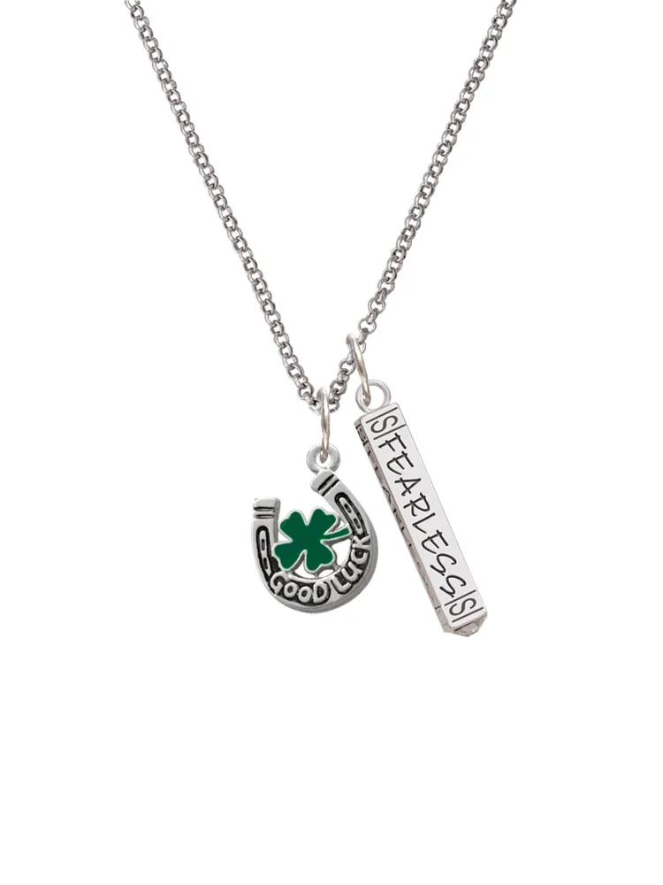 Delight Jewelry Silvertone Good Luck Horseshoe with Green Four Leaf Clover Silvertone Fearless Bar Charm Necklace, 23