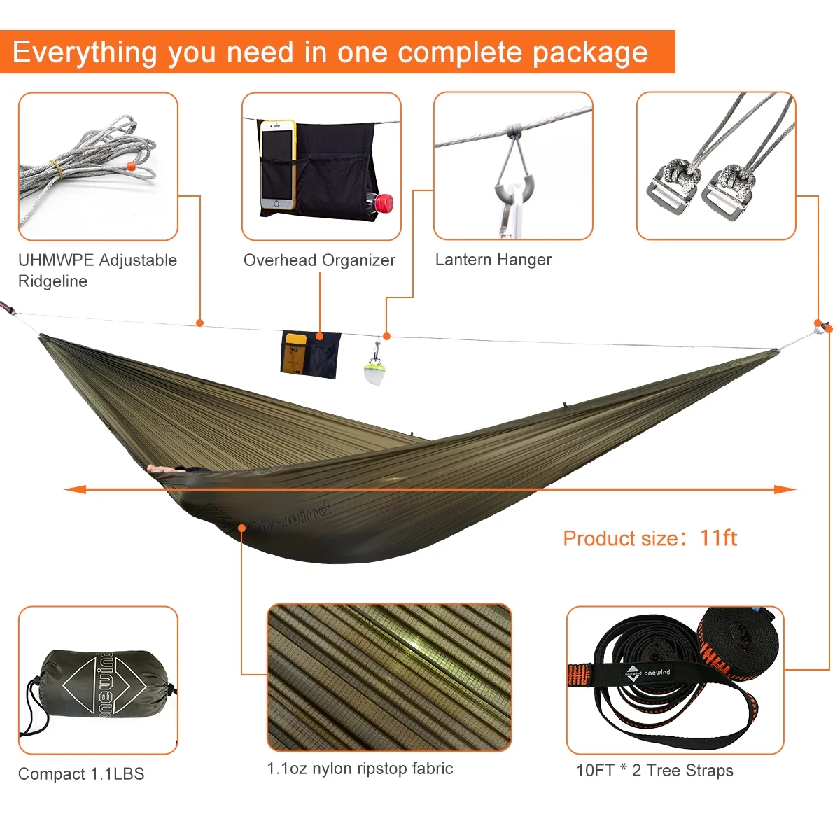 Onewind 11' Camping Hammock with Tree Straps, Olive Green (up to 210 lbs)
