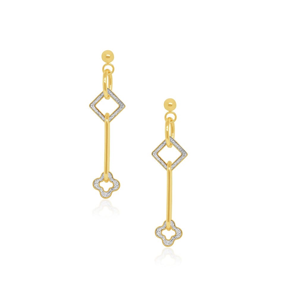 Auriga 9k Yellow Gold Alternating Flower & Diamond-shaped Glitter Drop & Dangle Earrings for Women