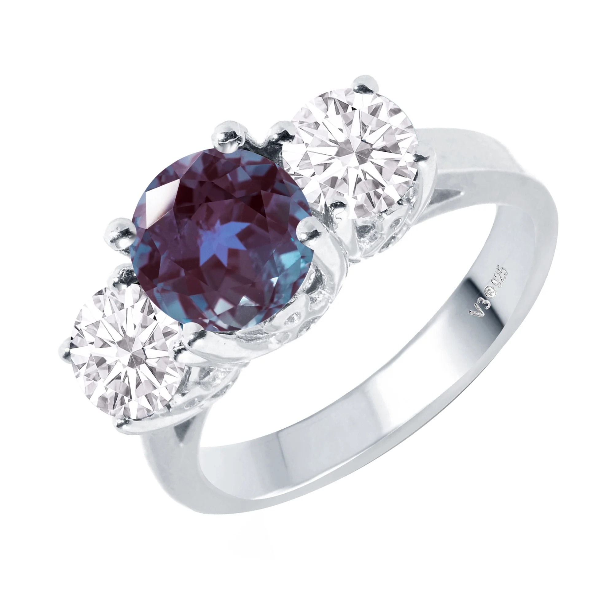 Sterling Silver with Color Changing Alexandrite and Moissanite Three Stone Ring