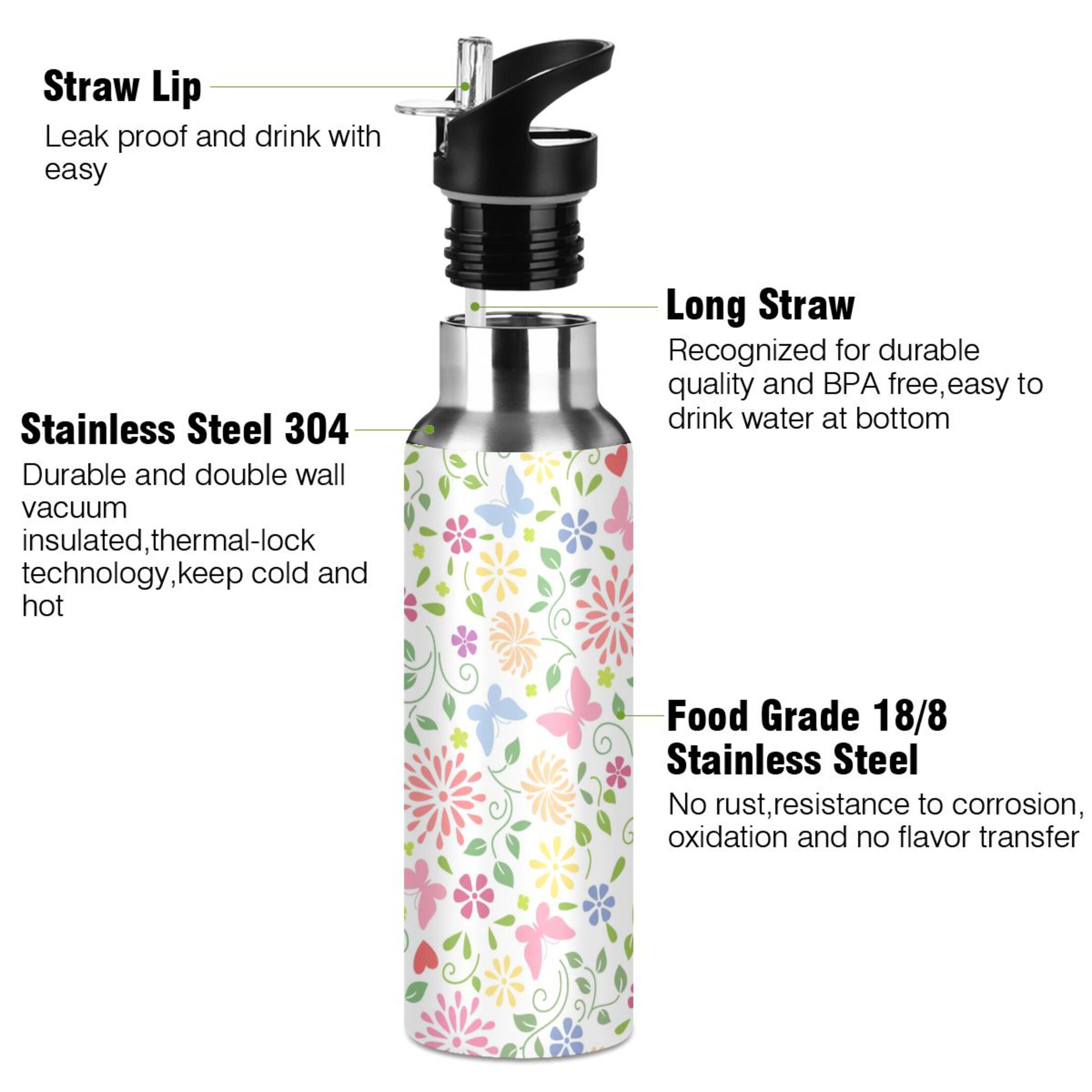 Water Bottle with Straw Lid Leak Floral and Butterflies Stainless Steel Insulated Thermos Vacuum Flask for Cold Hot Drinking for Sports Camping Gym Yoga