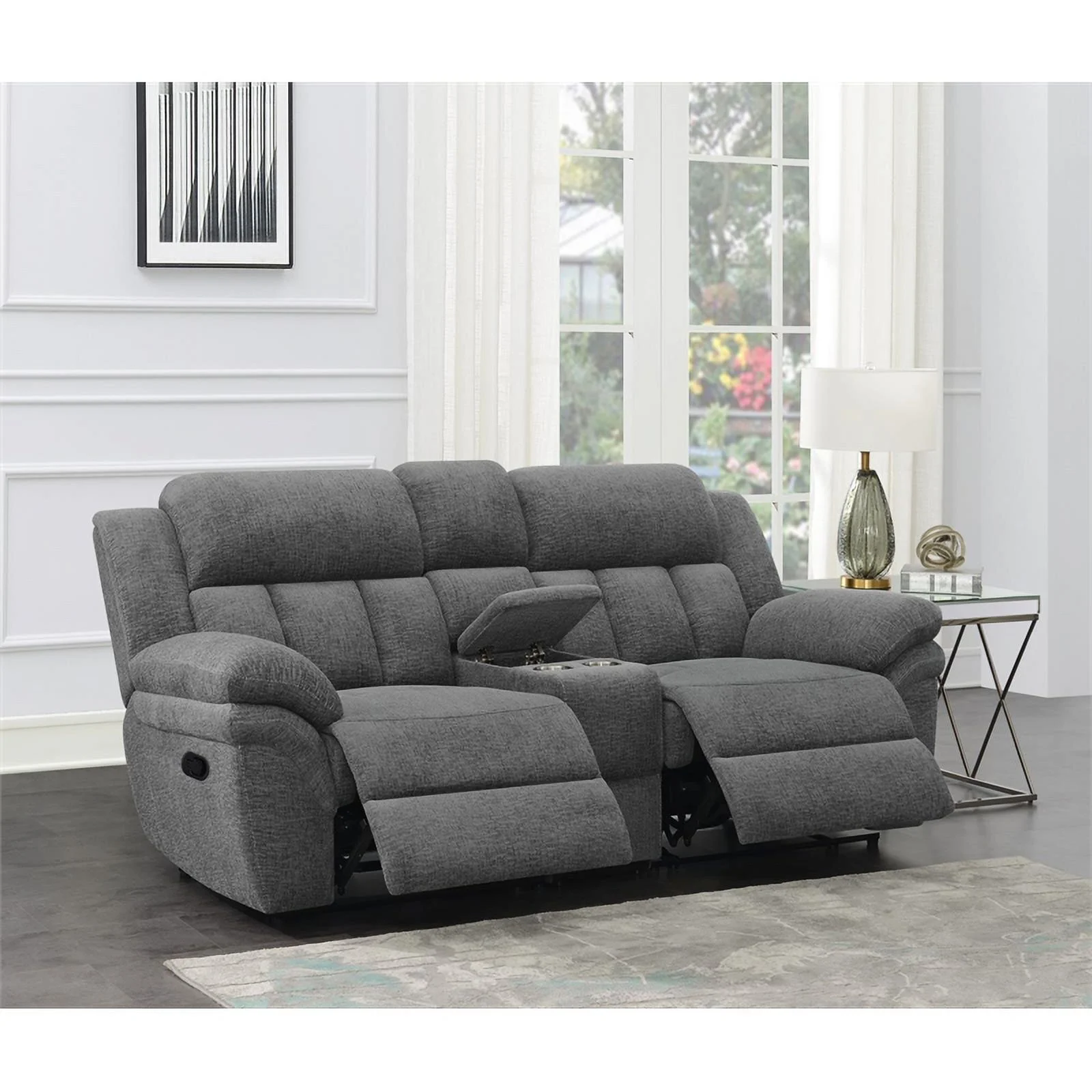 Pemberly Row Upholstered Modern Motion Loveseat Console in Charcoal