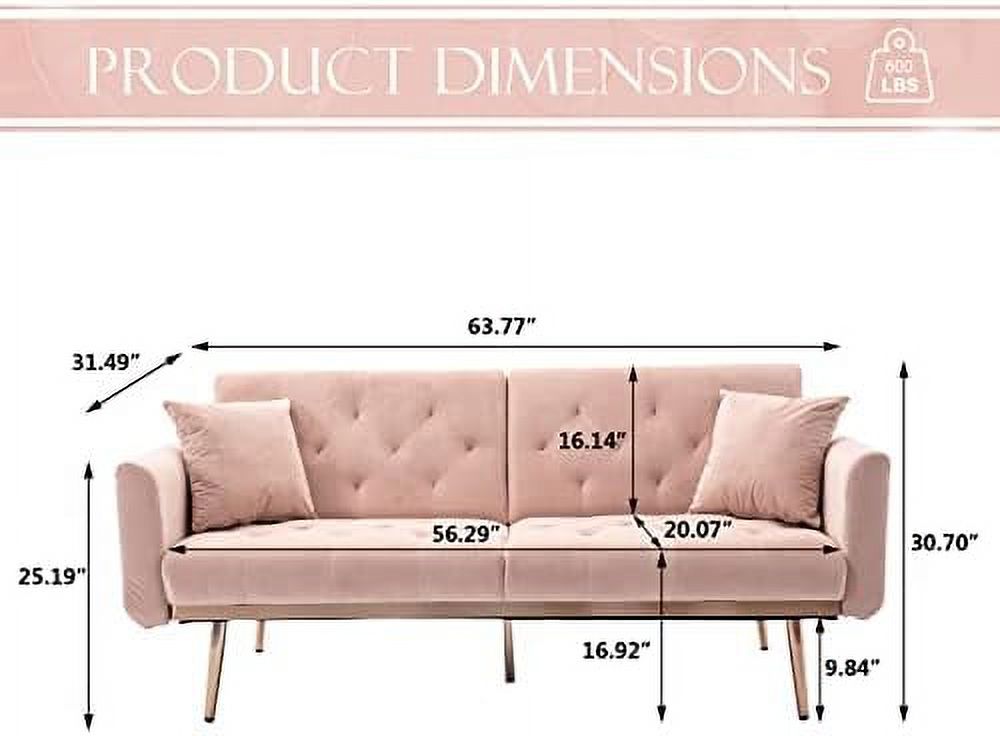 GEROBOOM Convertible Velvet Futon Sofa Bed  Upholstered Loveseat Sleeper Couch with 3 Reclining Angles and 2 Pillows  Modern Living Room Sofa Couch with 5 Solid Metal Legs for Guest Room