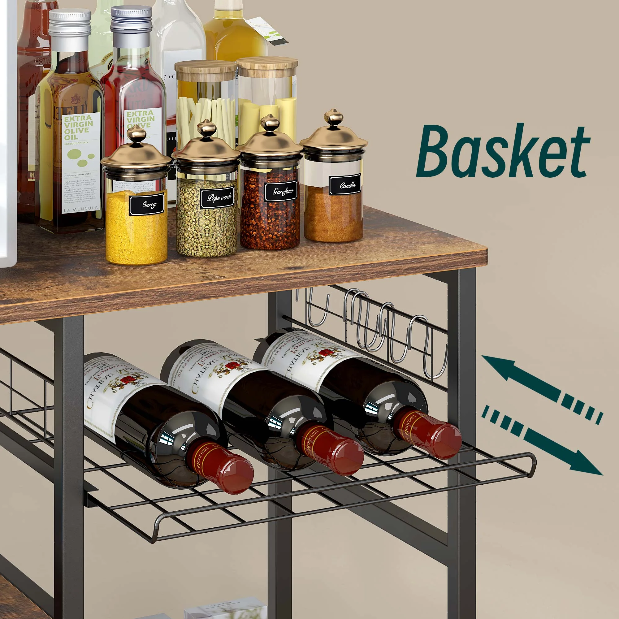 Wellynap Kitchen Baker's Rack, Coffee Bar Cabinet, Microwave Stand 3-Tier Bakers Racks for Kitchens with Storage, Vintage Brown