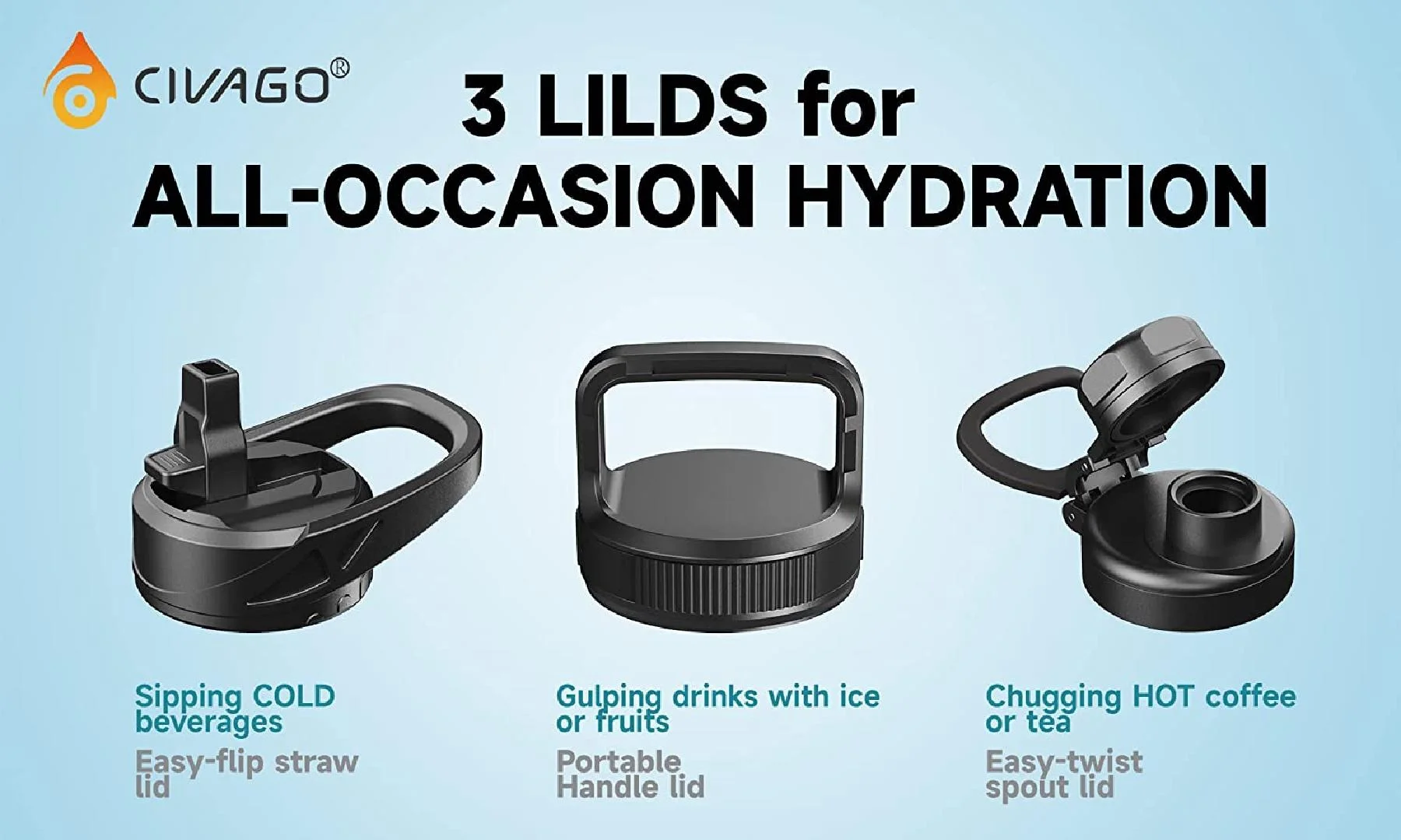 64 oz Insulated Water Bottle With Straw, Half Gallon Stainless Steel Sports Water Flask Jug with 3 Lids (Straw, Spout and Handle Lid), Large Metal Thermo Cup Mug, Midnight Black