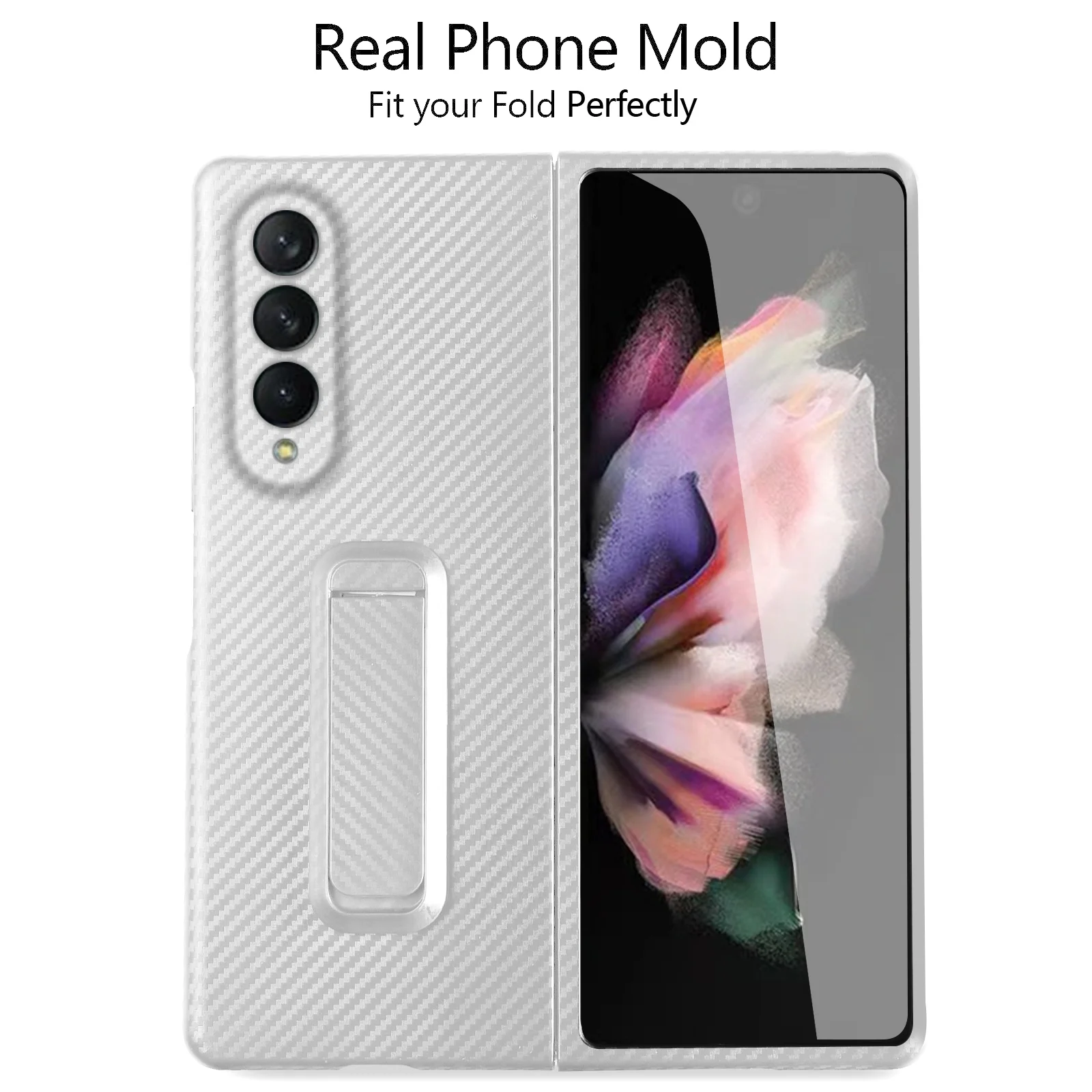 Samsung Galaxy Z Fold 4 Case, ELEHOLD Carbon Fiber Slim Thin Case with Hidden Kickstand Temper Glass Film Shockproof Anti-Scratch Cover for Samsung Galaxy Z Fold 4 5G 2022, White